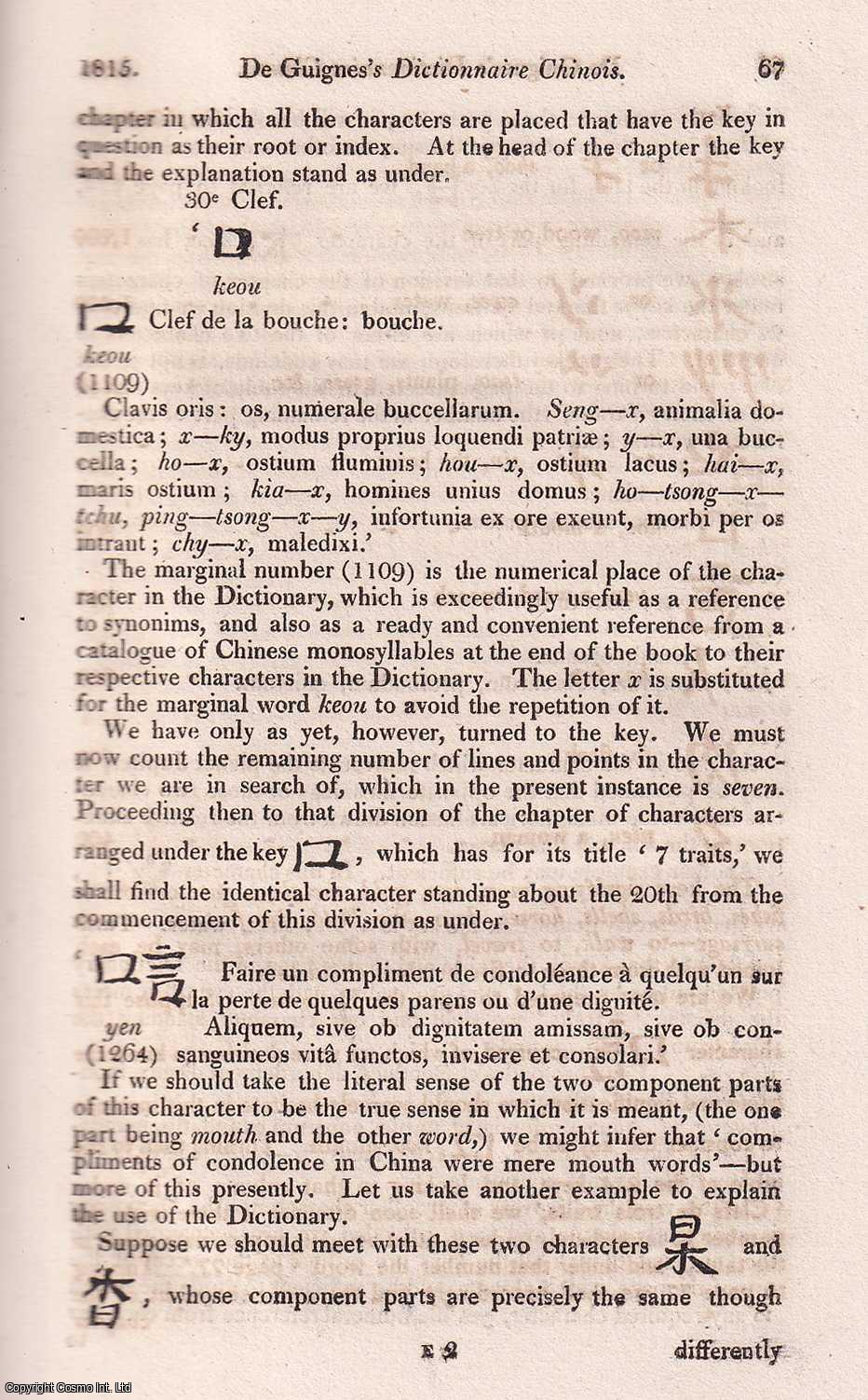John Barrow - De Guignes' Dictionnaire Chinois; claimed to be the first European Chinese dictionary. An uncommon original article from The Quarterly Review, 1815. 1815.