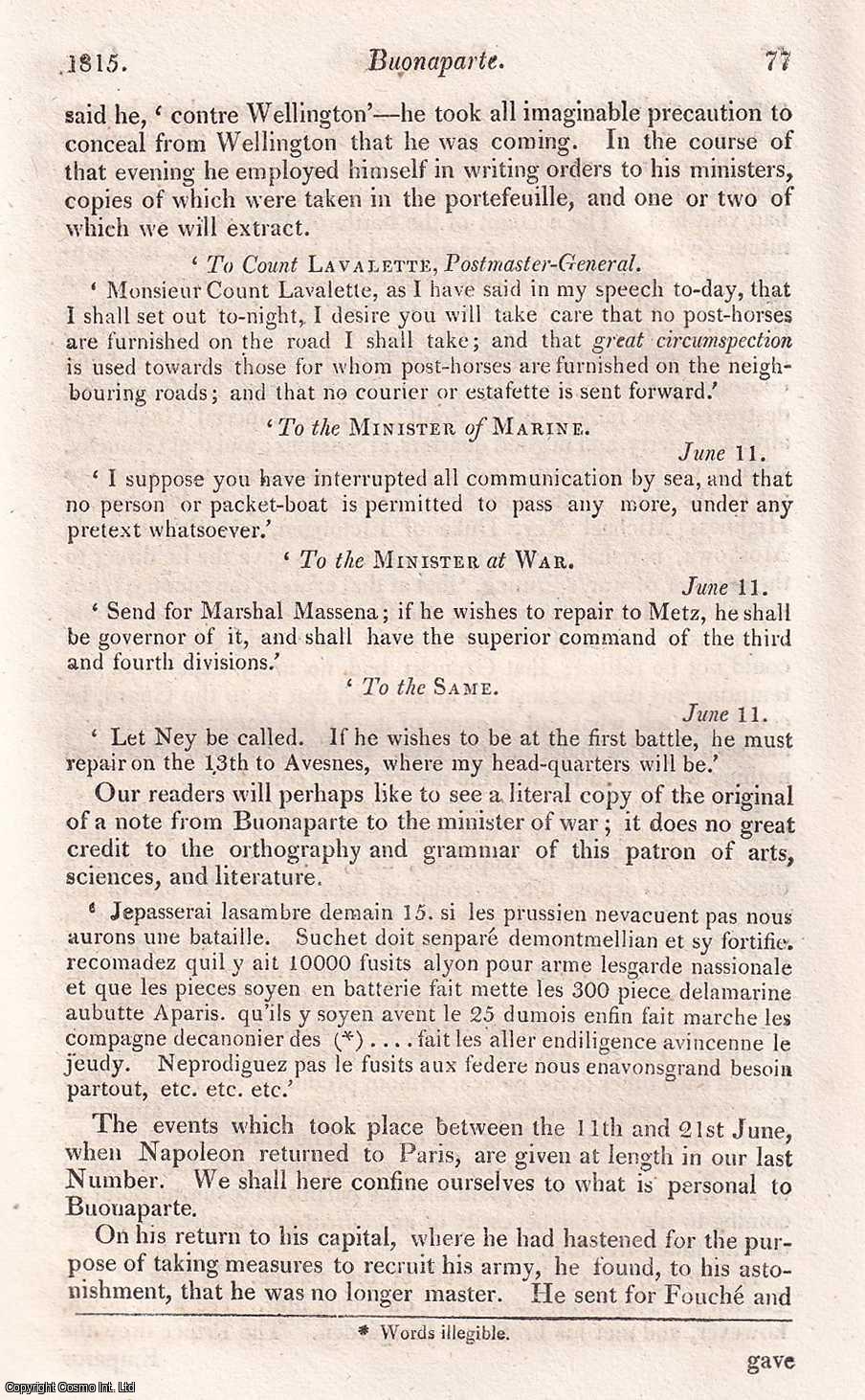 John Wilson Croker - Buonaparte. Narrative of Napoleon Buonaparte's Journey from Fontainebleau to Frejus, in April, 1814. An uncommon original article from The Quarterly Review, 1816.
