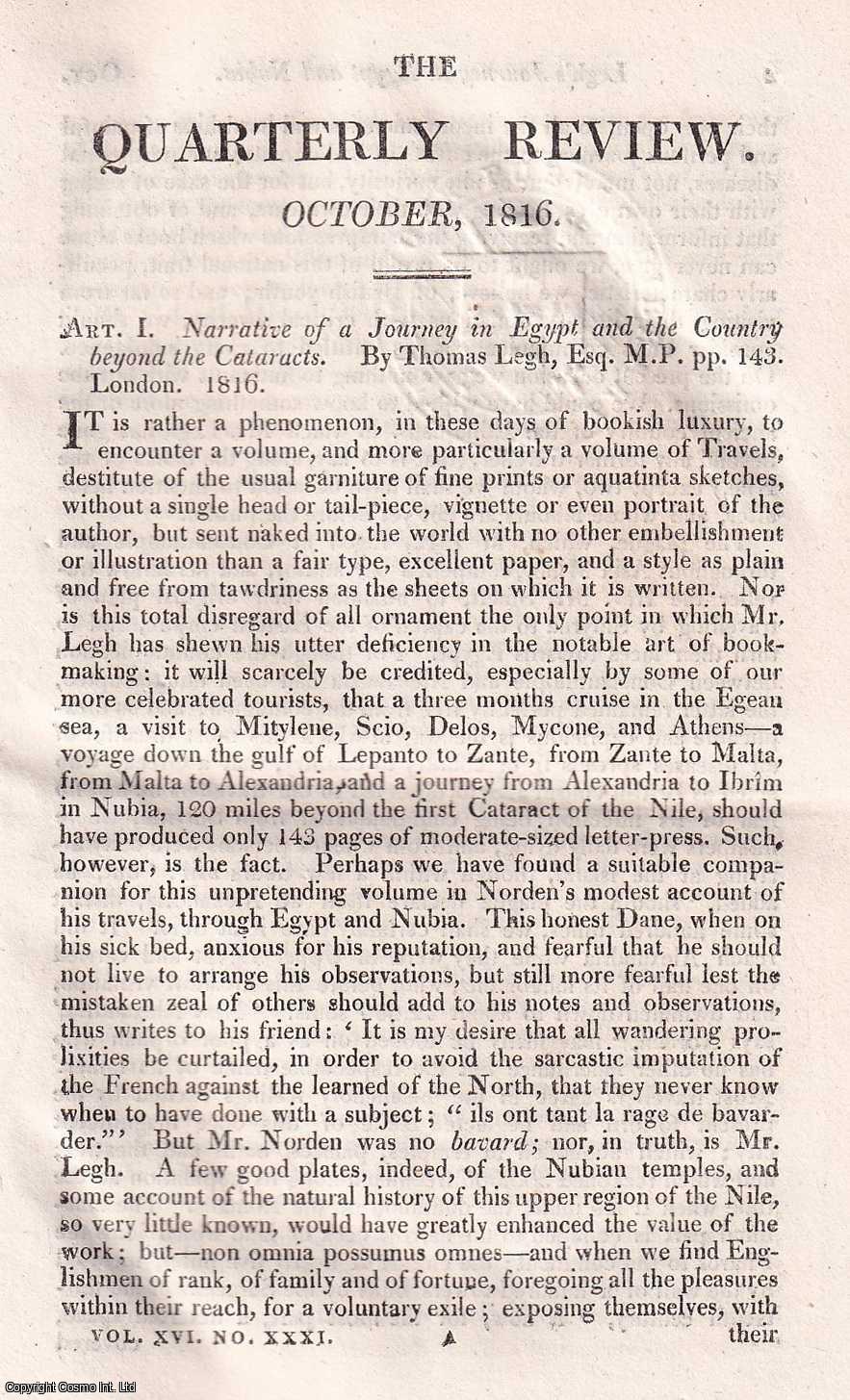 John Barrow - Legh's Narrative of a Journey in Egypt and Nubia. An uncommon original article from The Quarterly Review, 1816.