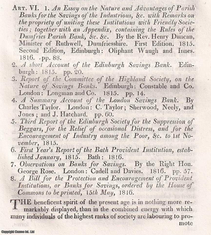 Robert Lundie - Tracts on Saving Banks, including the views of Rt. Hon. George Rose, Rev. Henry Duncan, etc. An uncommon original article from The Quarterly Review, 1816.