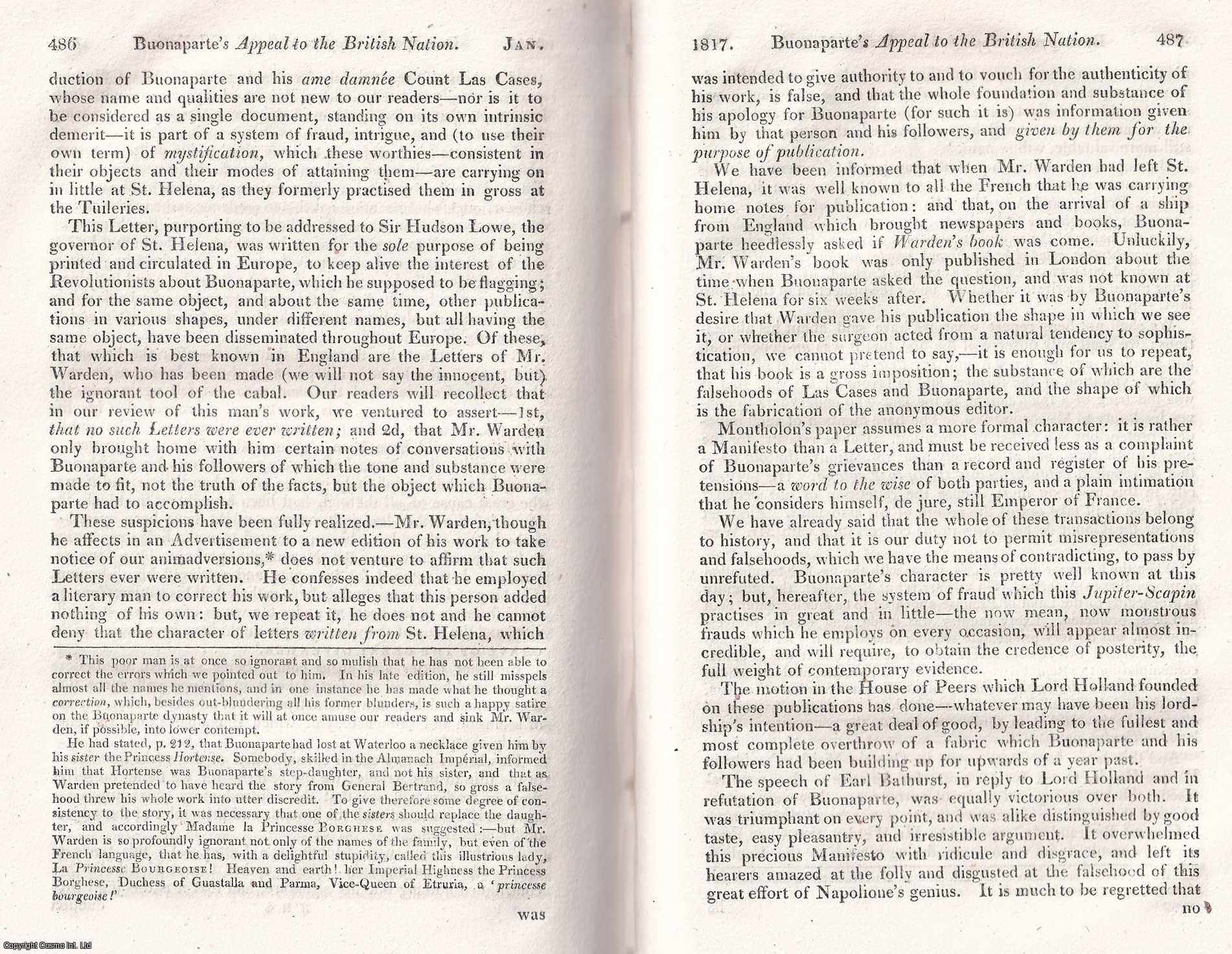 John Wilson Croker - Buonaparte's Appeal to the British Nation about his Treatment on St. Helena. An uncommon original article from The Quarterly Review, 1817.
