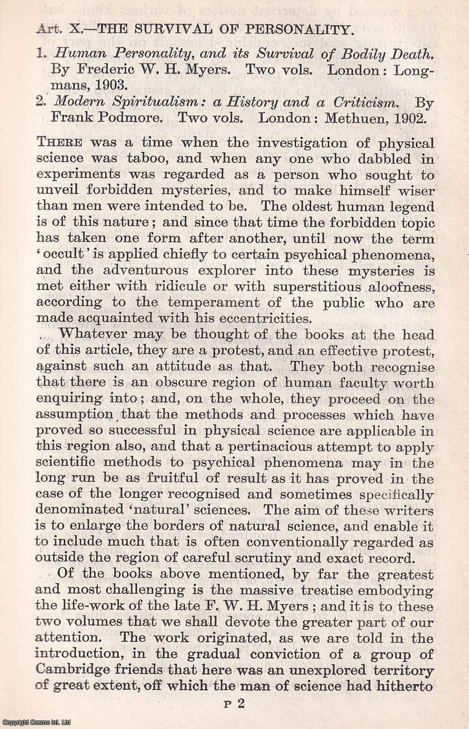 LODGE, OLIVER - The Survival of Personality. A rare original article from the Quarterly Review, 1903.