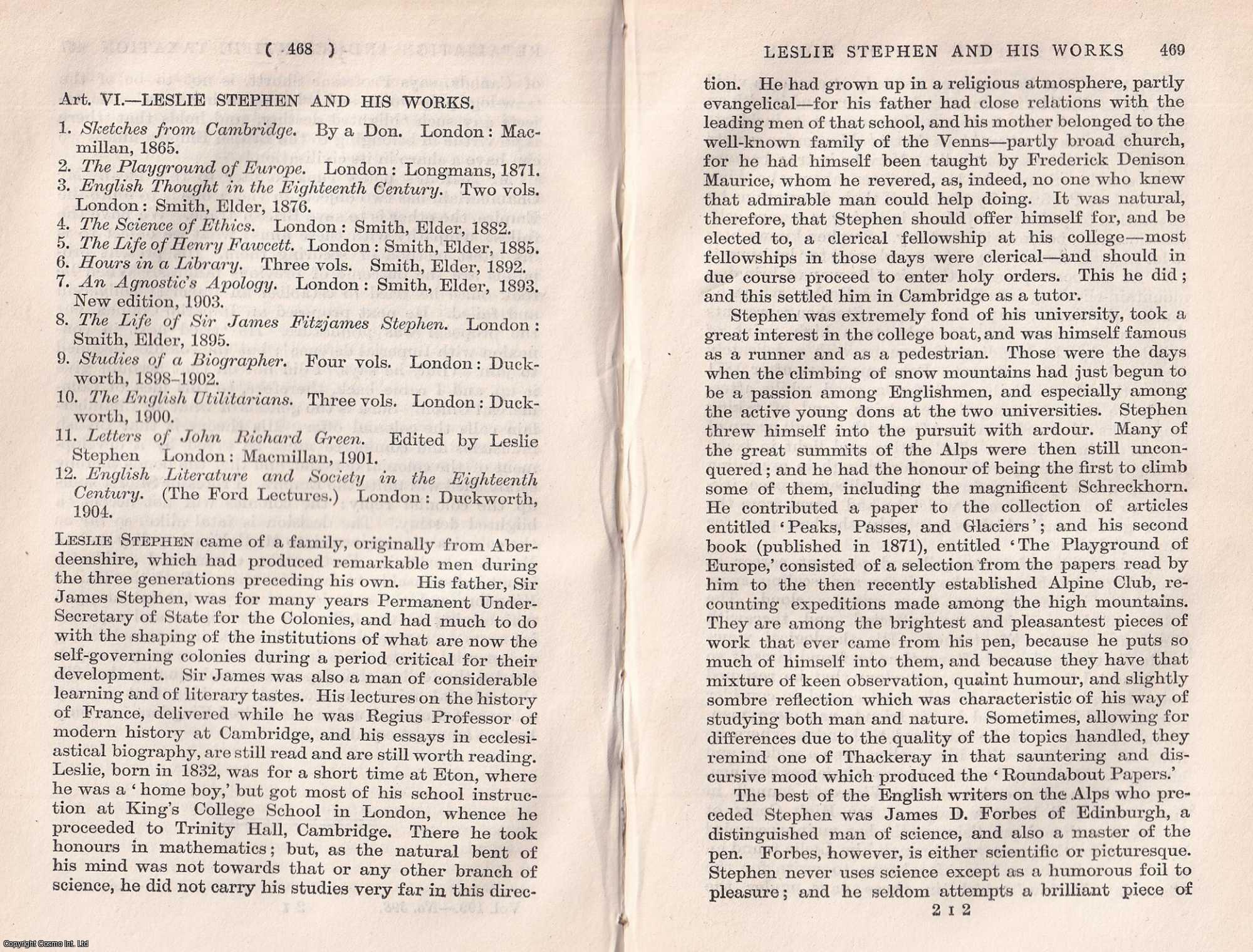--- - Leslie Stephen And His Works. A rare original article from the Quarterly Review, 1904.