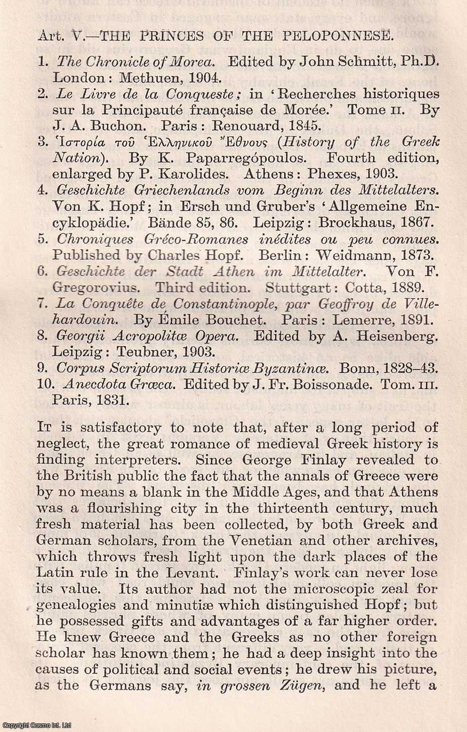 MARTIN, WILLIAM - The Princes of The Peloponnese. A rare original article from the Quarterly Review, 1905.