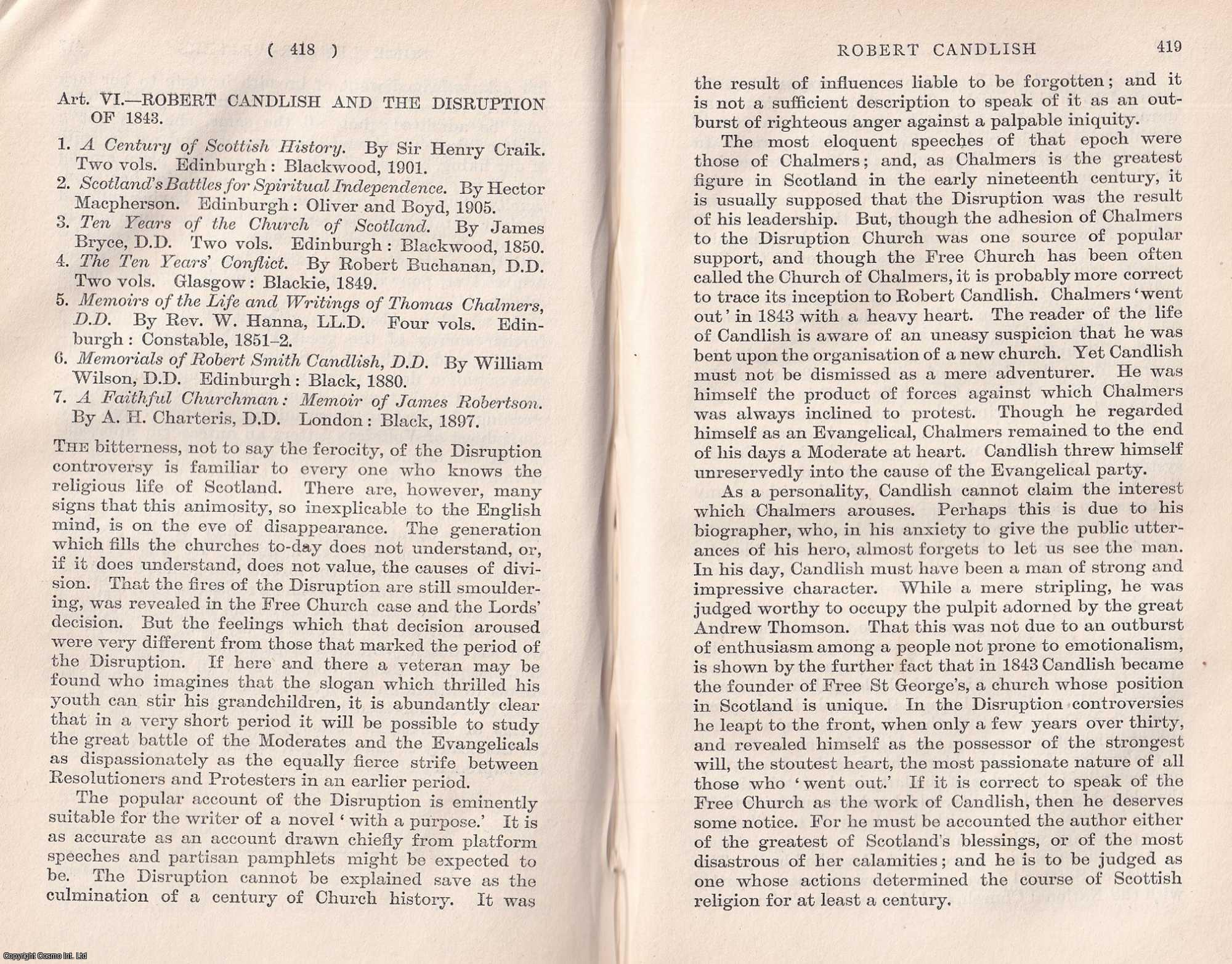 --- - Robert Candlish. A rare original article from the Quarterly Review, 1906.
