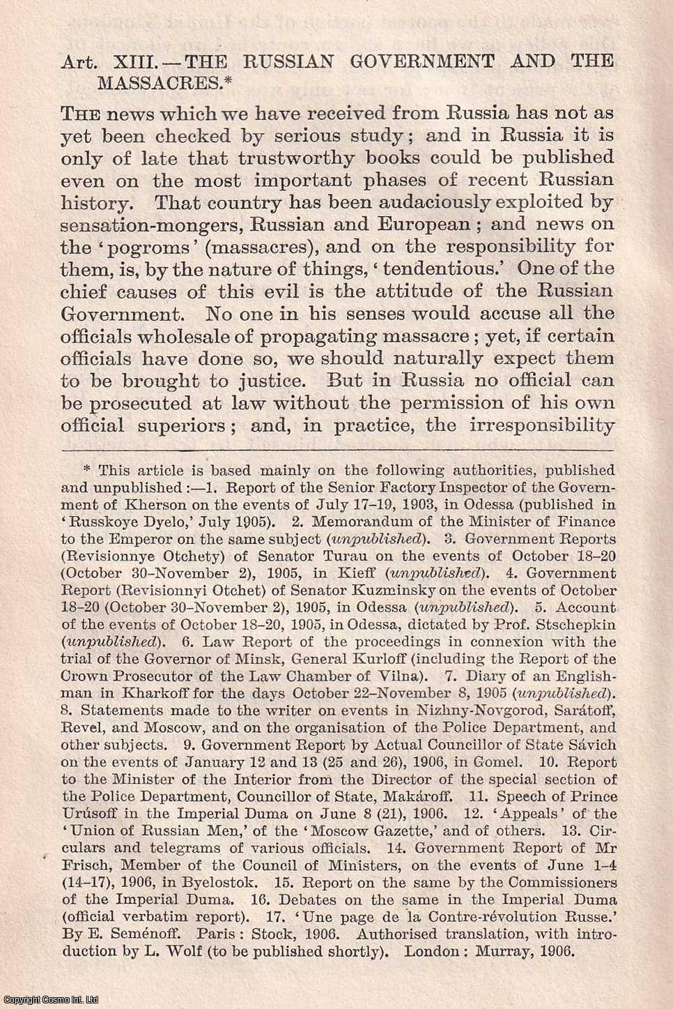 The Quarterly Review - The Russian Massacres. An uncommon original article from The Quarterly Review, 1906.