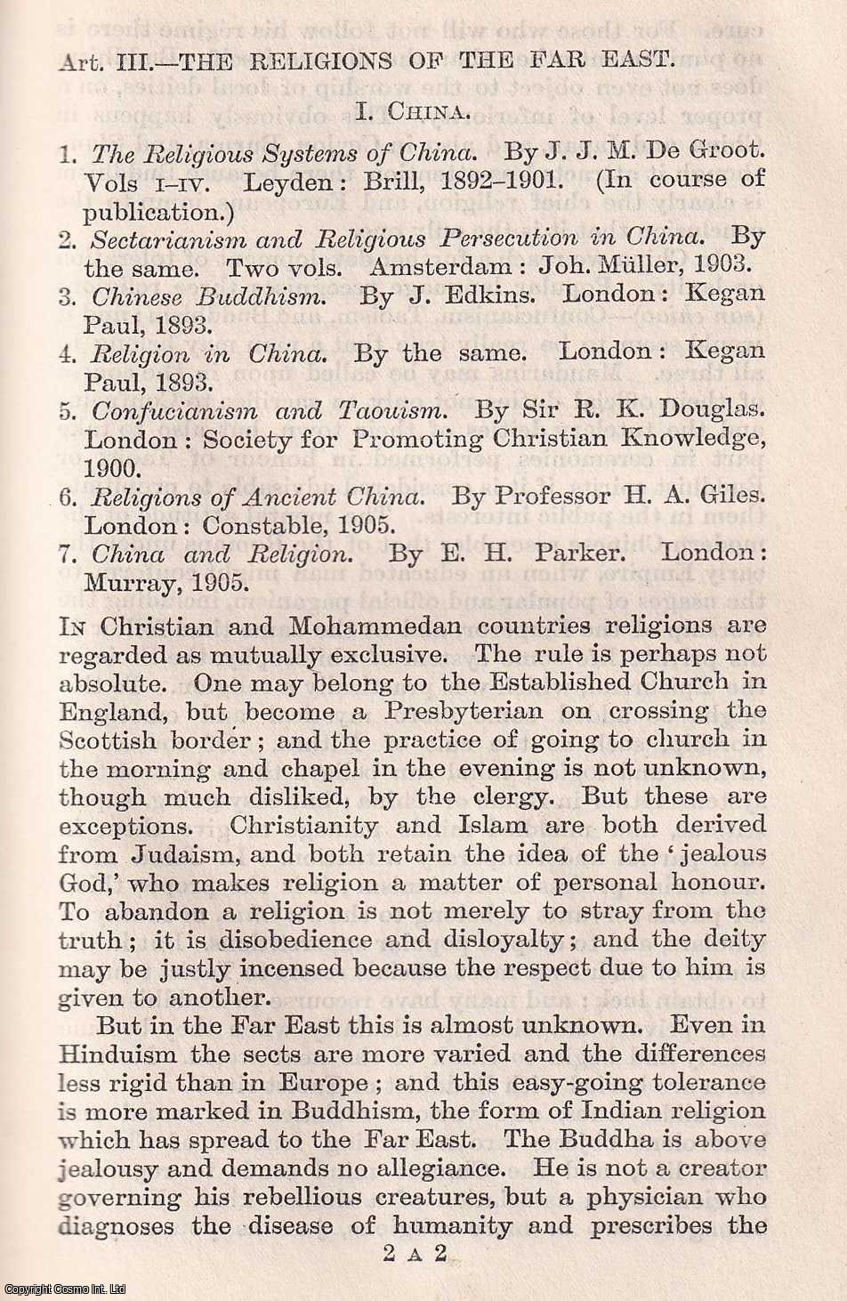 ELIOT, C. - The Religion of China. A rare original article from the Quarterly Review, 1907.