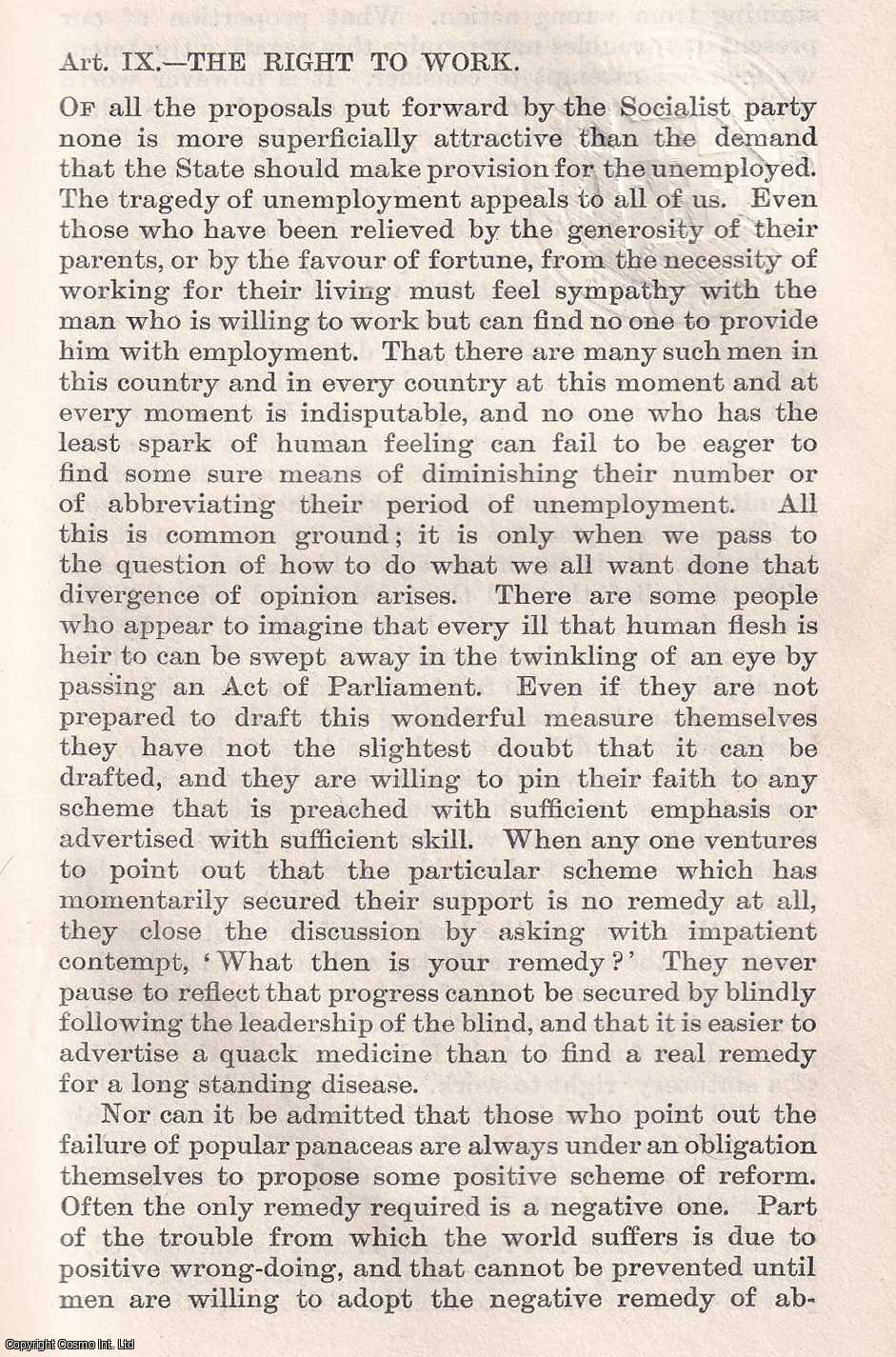 --- - The Right To Work. A rare original article from the Quarterly Review, 1908.
