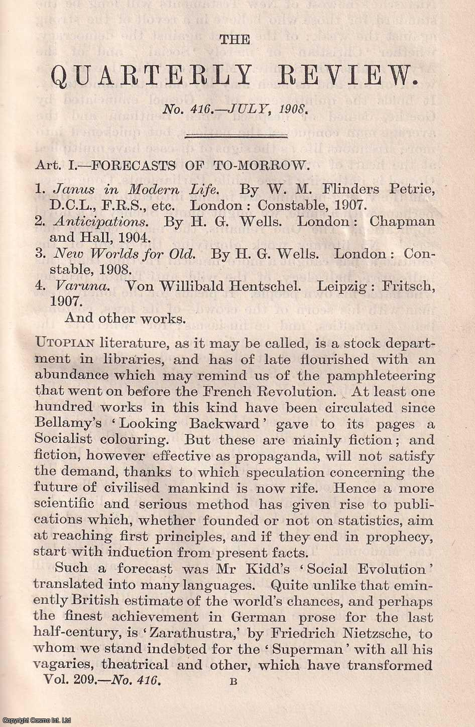 William Barry - Forecasts Of Tomorrow; H.G. Wells & Others. An uncommon original article from The Quarterly Review, 1908.