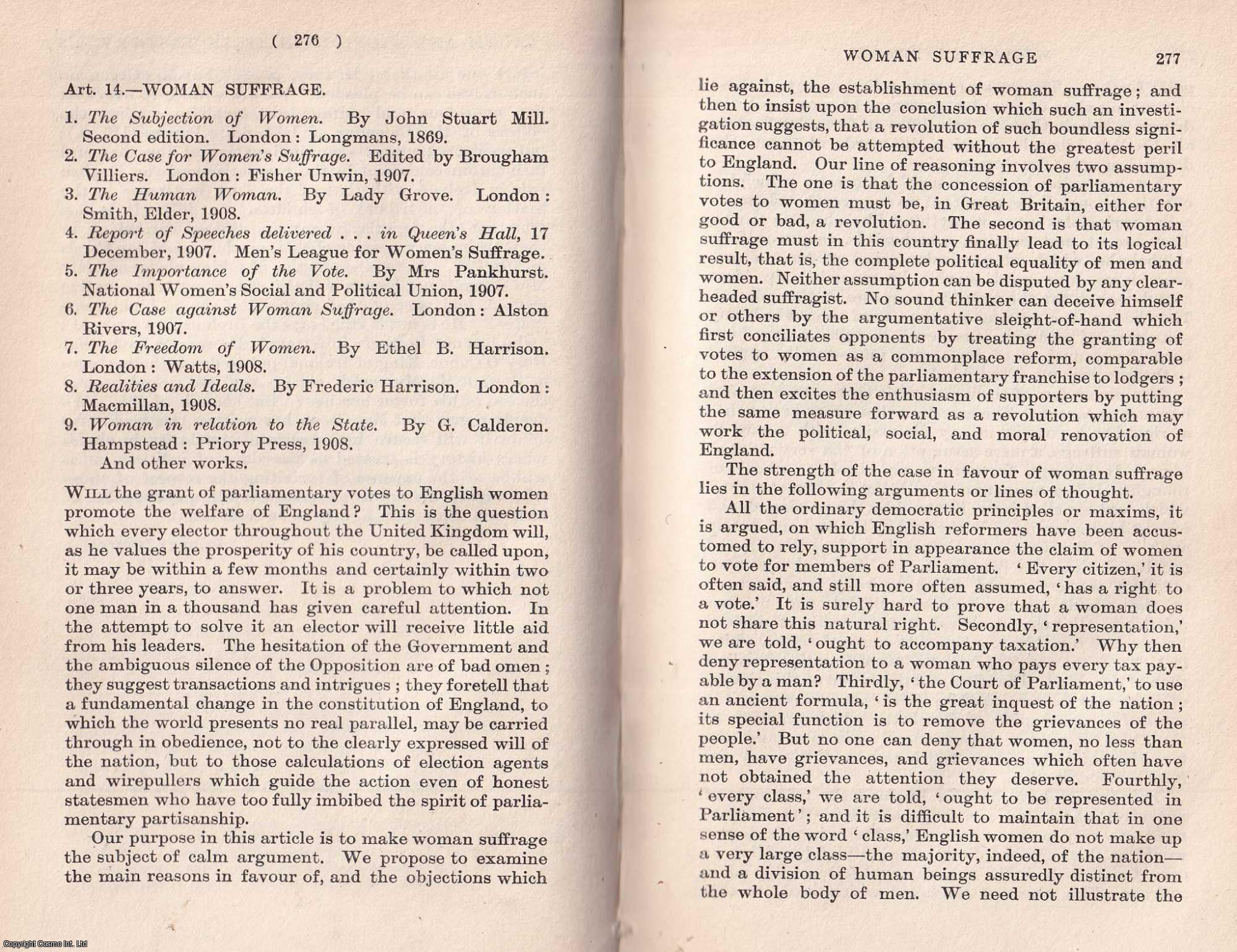 A.V. Dicey - Woman Suffrage. An uncommon original article from The Quarterly Review, 1909.