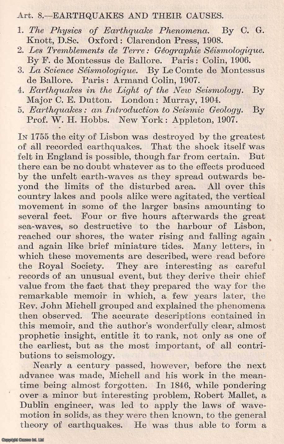 DAVISON, CHARLES - Earthquakes. A rare original article from the Quarterly Review, 1909.