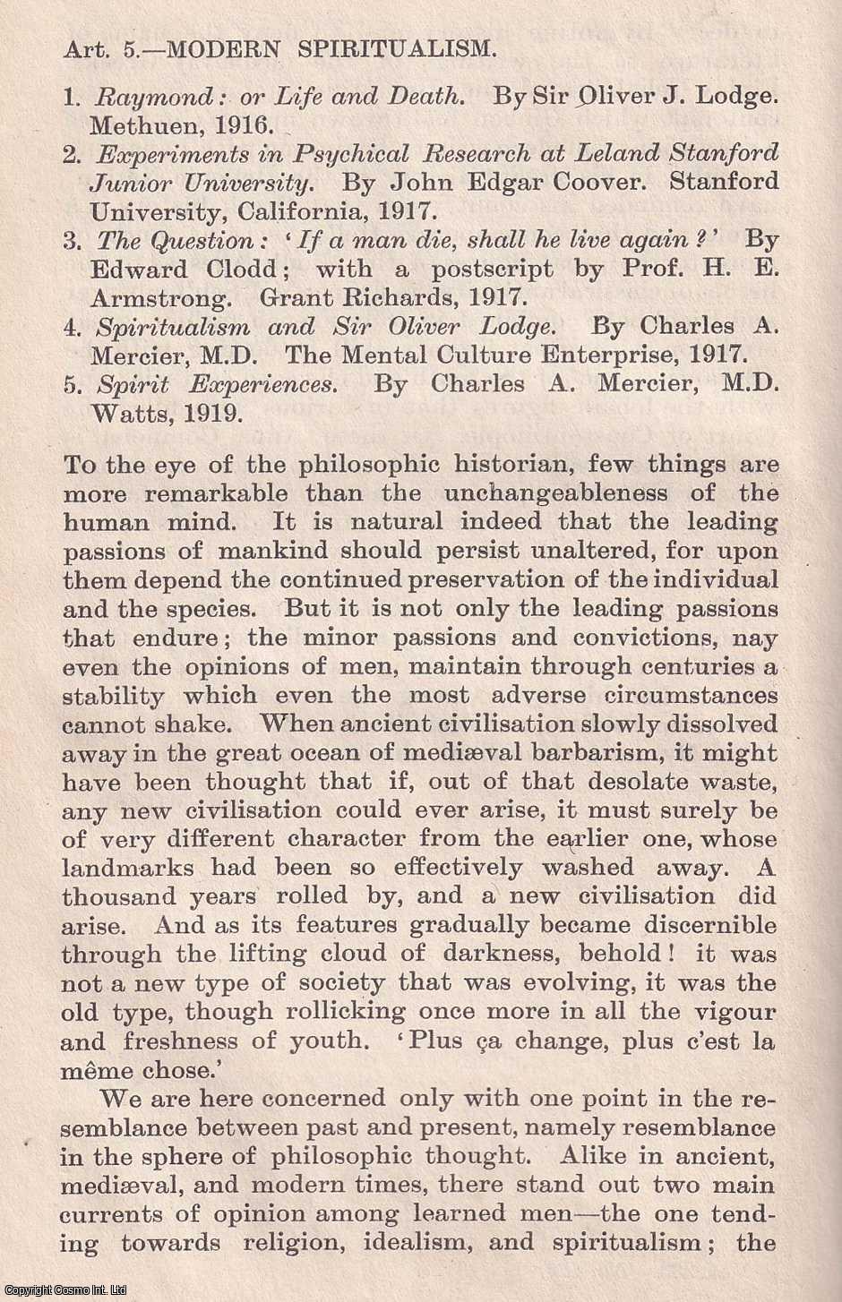 ELLIOT, HUGH - Modern Spiritualism. An original article from the Quarterly Review, 1920.