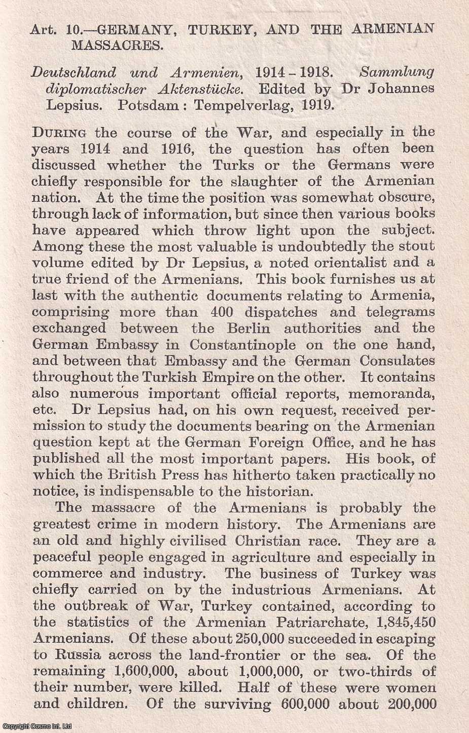 J. Ellis Barker - Germany, Turkey, and the Armenian Massacres. An uncommon original article from The Quarterly Review, 1920.