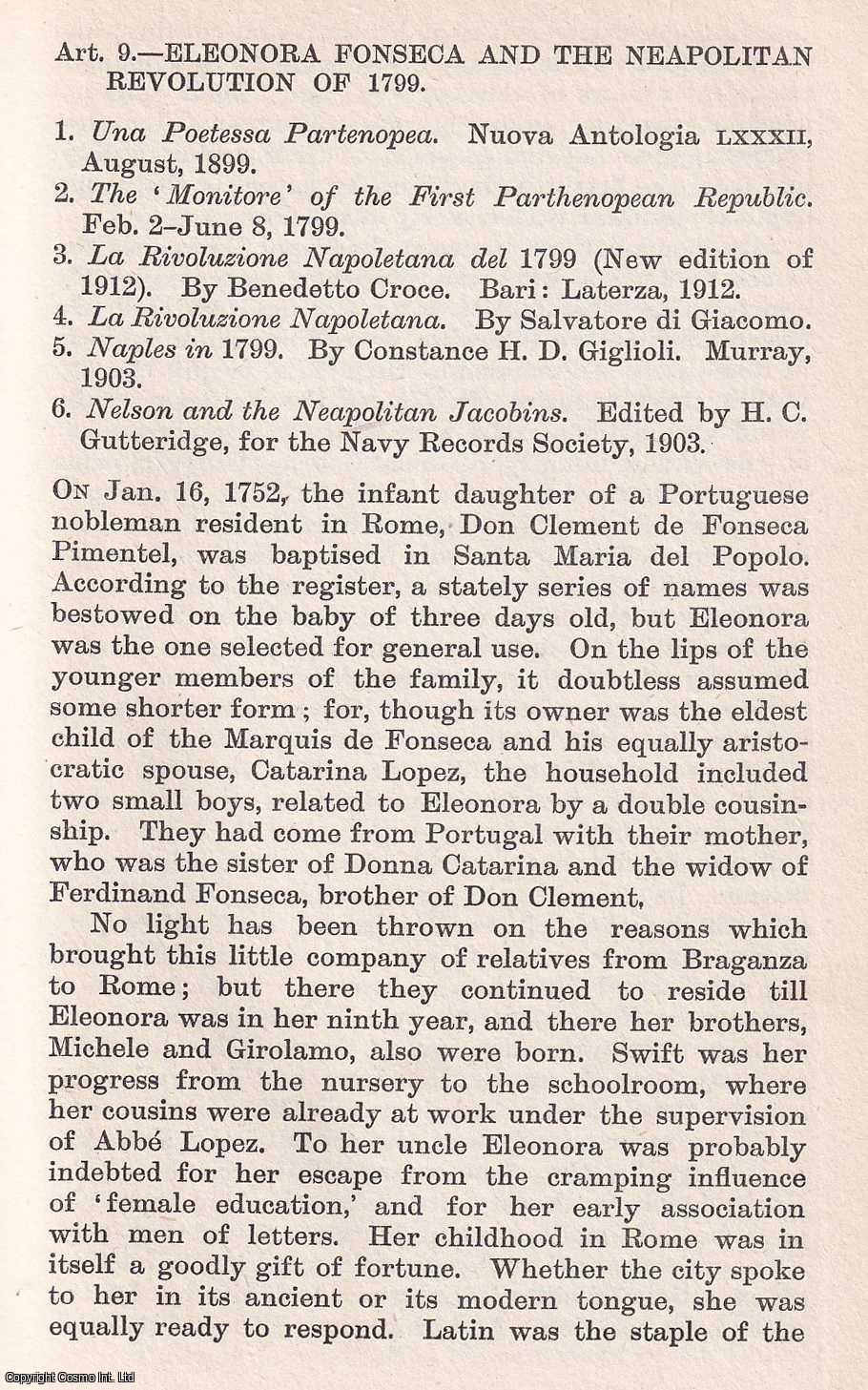 Mary Maxwell Moffat - Eleonora Fonseca and the Neapolitan Revolution of 1799. An uncommon original article from The Quarterly Review, 1921.