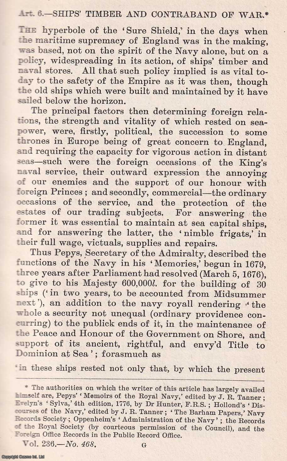 F. T. Piggott - Ships' Timber and Contraband of War. An uncommon original article from The Quarterly Review, 1921.