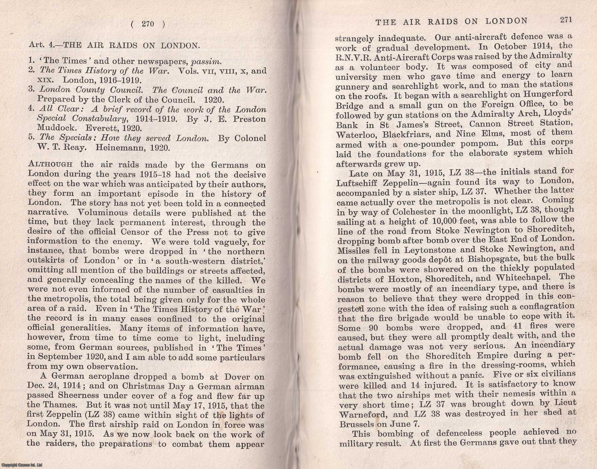 Frederick A. Edwards - The Air Raids On London. An uncommon original article from The Quarterly Review, 1921.