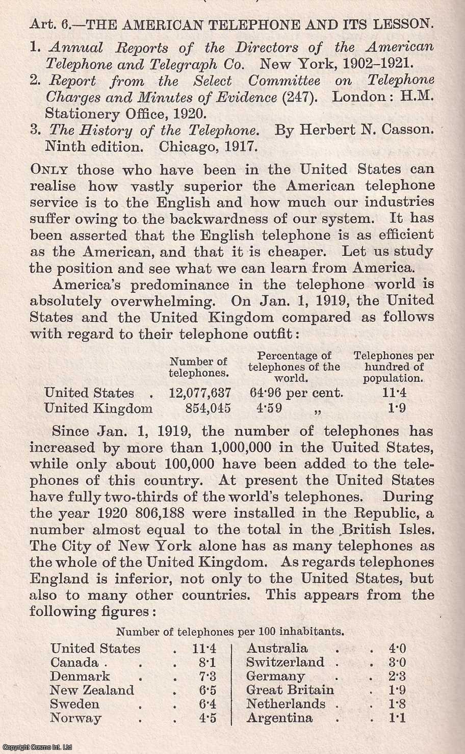 J. Ellis Barker - American Telephone And Its Lesson. An uncommon original article from The Quarterly Review, 1921.