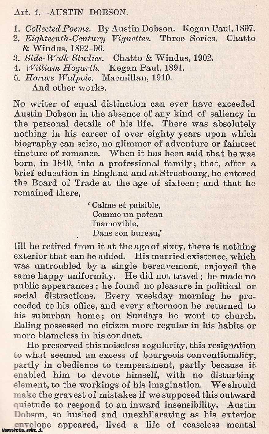 Edmund Gosse - Austin Dobson. An uncommon original article from The Quarterly Review, 1922.