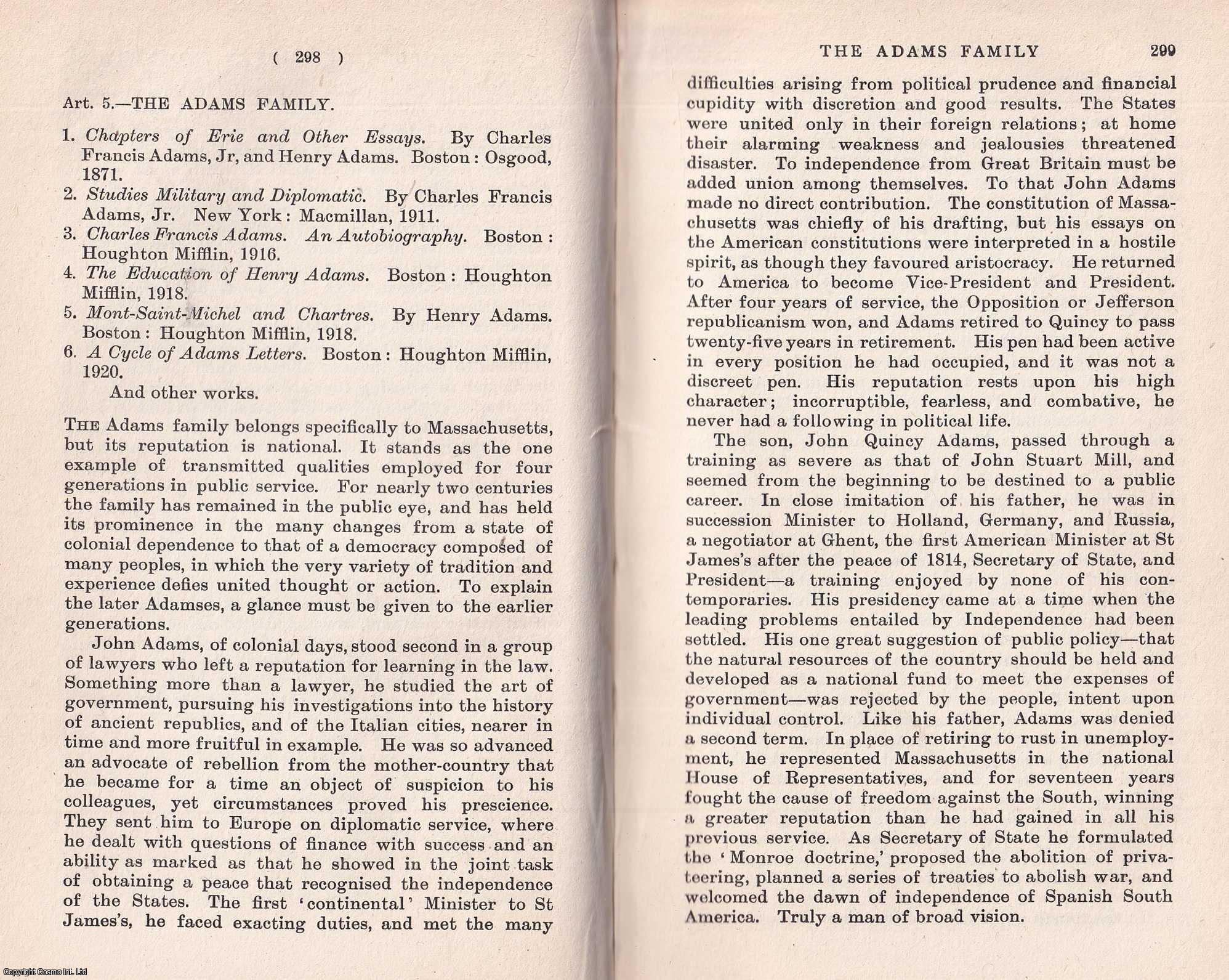 Worthington Chauncey Ford - The Adams Family, Massachusetts. An uncommon original article from The Quarterly Review, 1922.