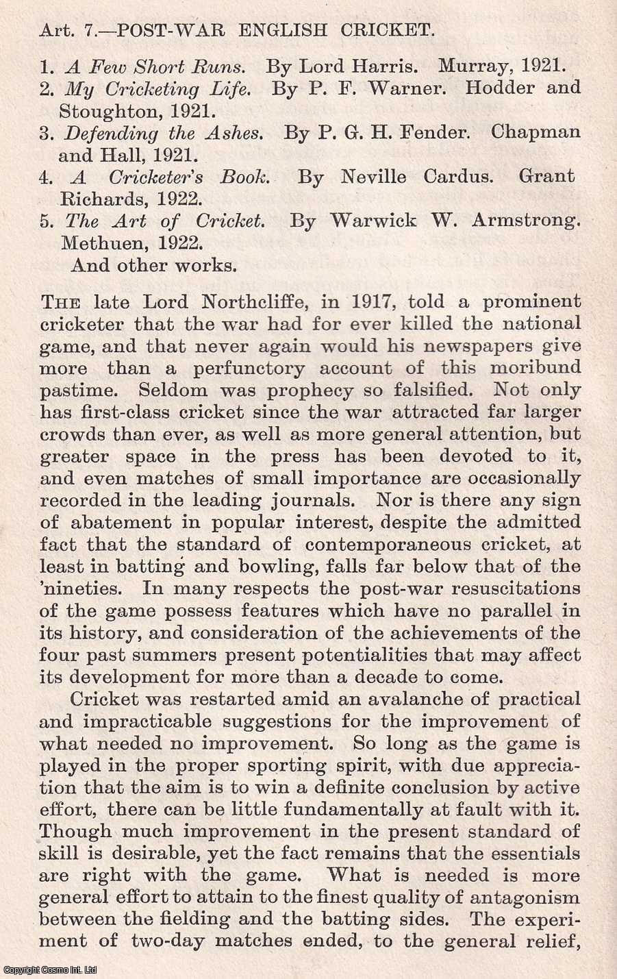 Gordon Home - Post-War English Cricket. An uncommon original article from The Quarterly Review, 1922.