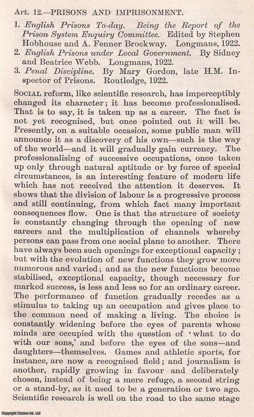 SHADWELL, ARTHUR - Prisons and Imprisonment. An original article from the Quarterly Review, 1922.