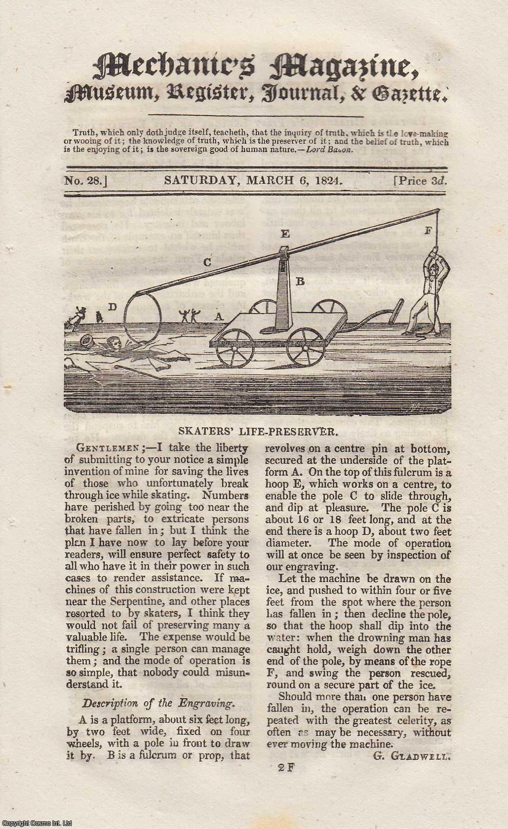 ---. - Mechanics Magazine, Museum, Register, Journal and Gazette. Issue No.28. FEATURING Skater's Life-Preserver, Spiral Water-Mill Invented by John Norton, etc.