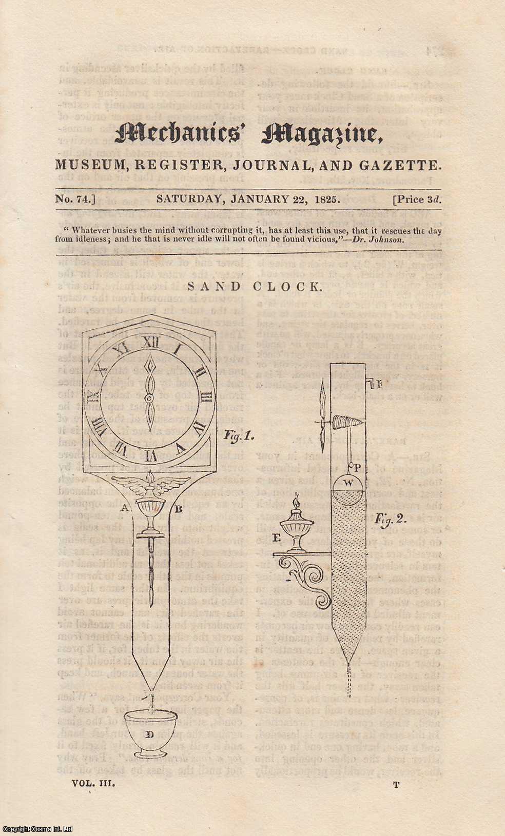 MECHANICS MAGAZINE - Mechanics Magazine, Museum, Register, Journal and Gazette. Issue No.74. FEATURING: Sand Clock; To Improve Gunpowder for Blasting; Galvanism; Artificial Stone; Diagram of Primitive Colours by Charles Hayter, etc. Published by January 22, 1825. 1825.