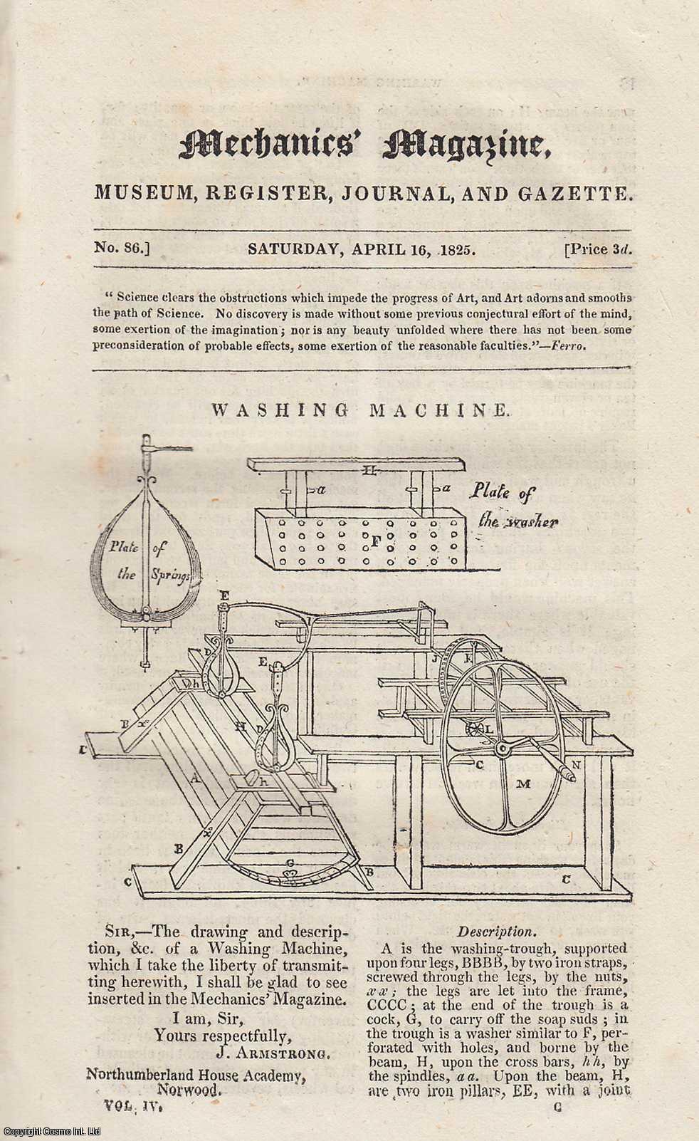 ---. - Mechanics Magazine, Museum, Register, Journal and Gazette. Issue No.86. FEATURING: Washing Machine; Brown's Gas Vacuum Engine; State of Science in Our Dockyards; Plans for Saving Lives From Shipwreck; Fraunhoffe's Refracting Telescope, etc.