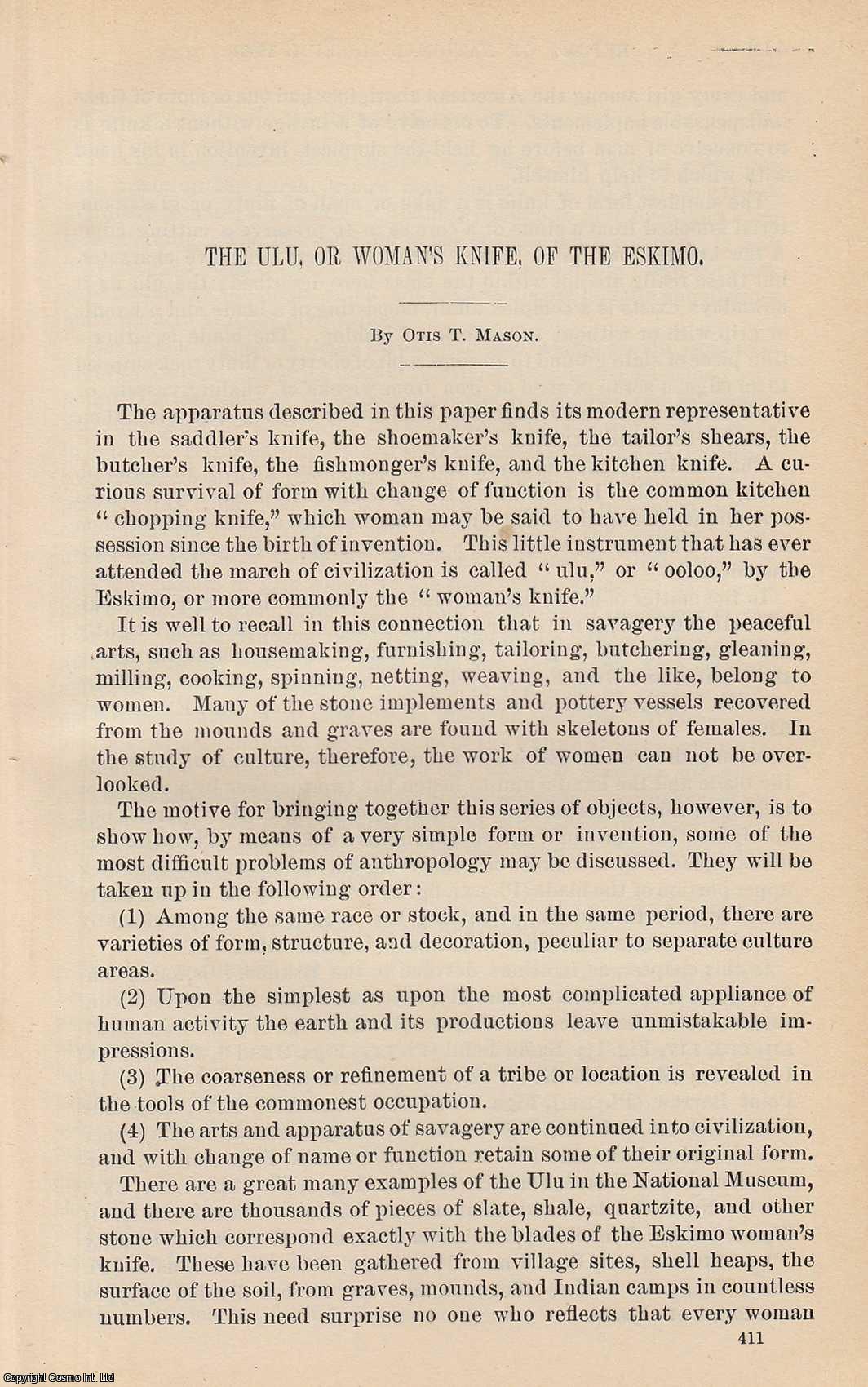 MASON, OTIS T. - The Ulu, or Woman's Knife, of The Eskimo. An original article from the Report of the Smithsonian Institution, 1891.