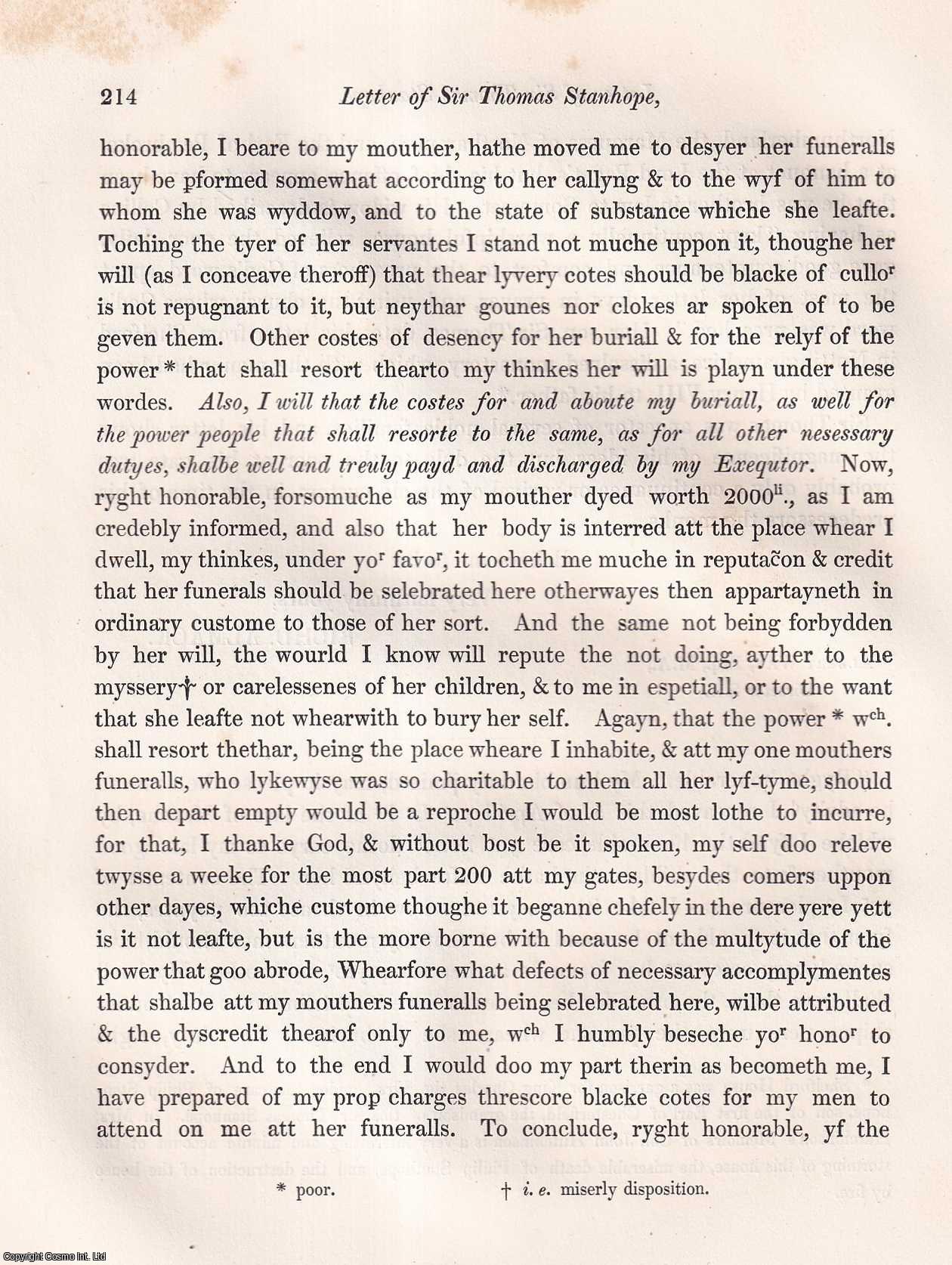 SIR THOMAS STANHOPE - Letter...respecting the Funeral of his Mother, Anne Lady Stanhope. A rare original article from the journal Archaeologia, 1846.