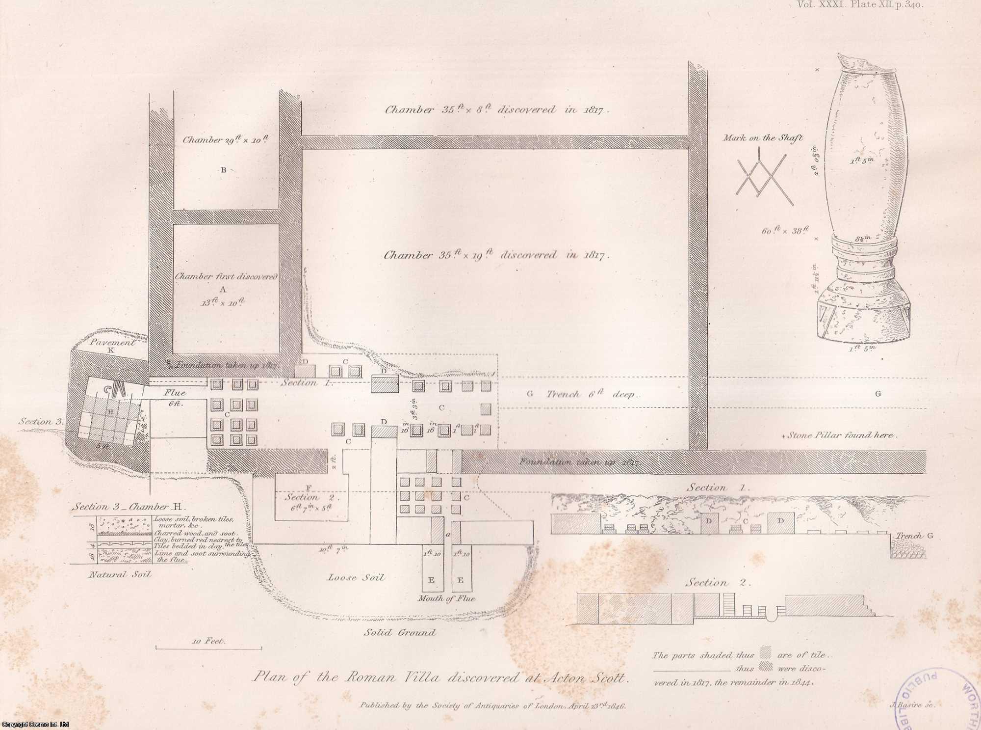 MRS FRANCES STACKHOUSE ACTON - Description of a Roman Villa discovered at Acton Scott, near Church Stretton, in Shropshire, in 1817; with an account of further researches made in July 1844. A rare original article from the journal Archaeologia, 1846.
