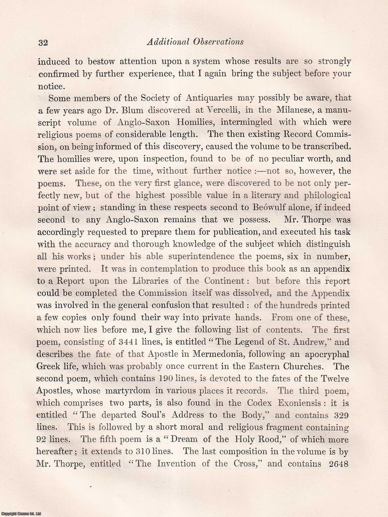 JOHN M. KEMBLE. - Additional Observations on the Runic Obelisk at Ruthwell; the Poem of the Dream of the Holy Rood; and a Runic Copper Dish found at Chertsy, in a Letter to Sir Henry Ellis. A rare original article from the journal Archaeologia, 1844.