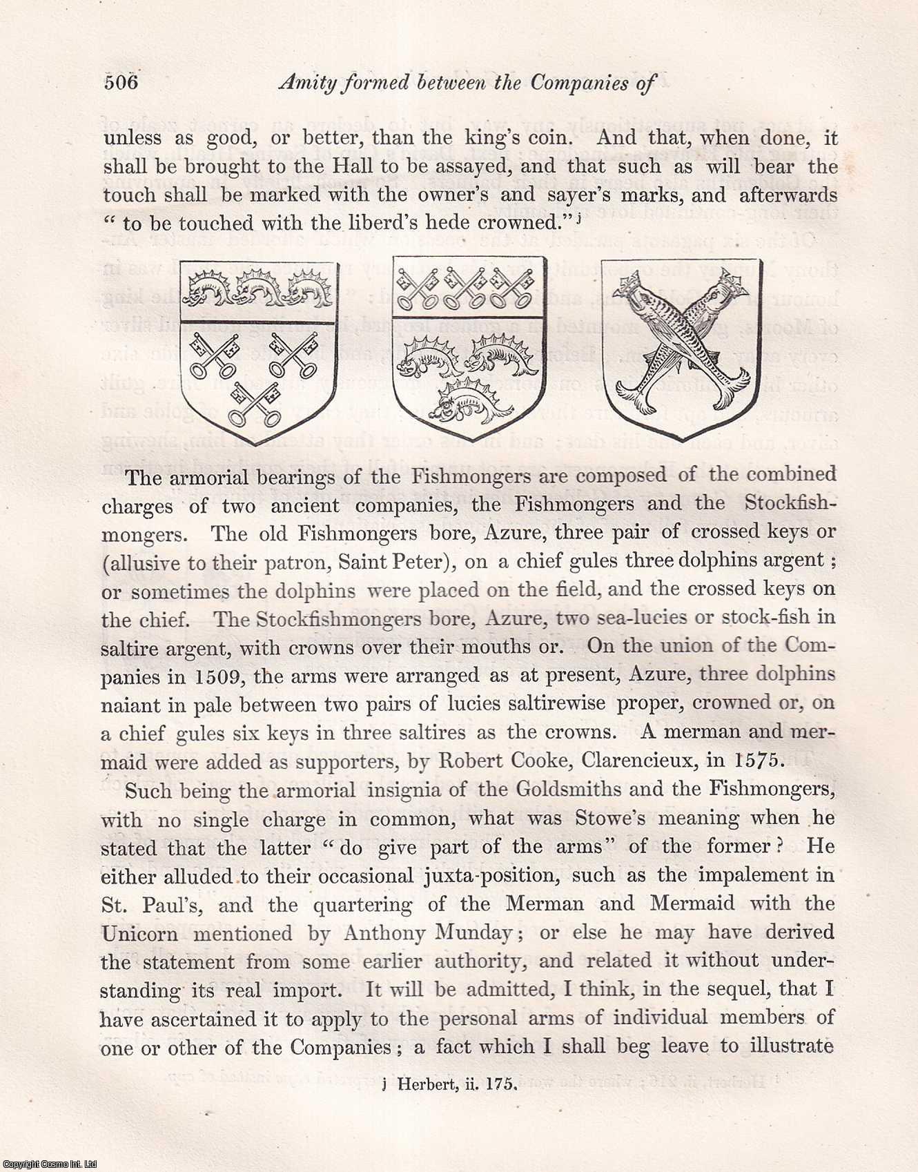 JOHN GOUGH NICHOLS. - On an Amity Formed between the Companies of Fishmongers and Goldsmiths of London, and a Consequent Participation of their Coat-armour. A rare original article from the journal Archaeologia, 1844.