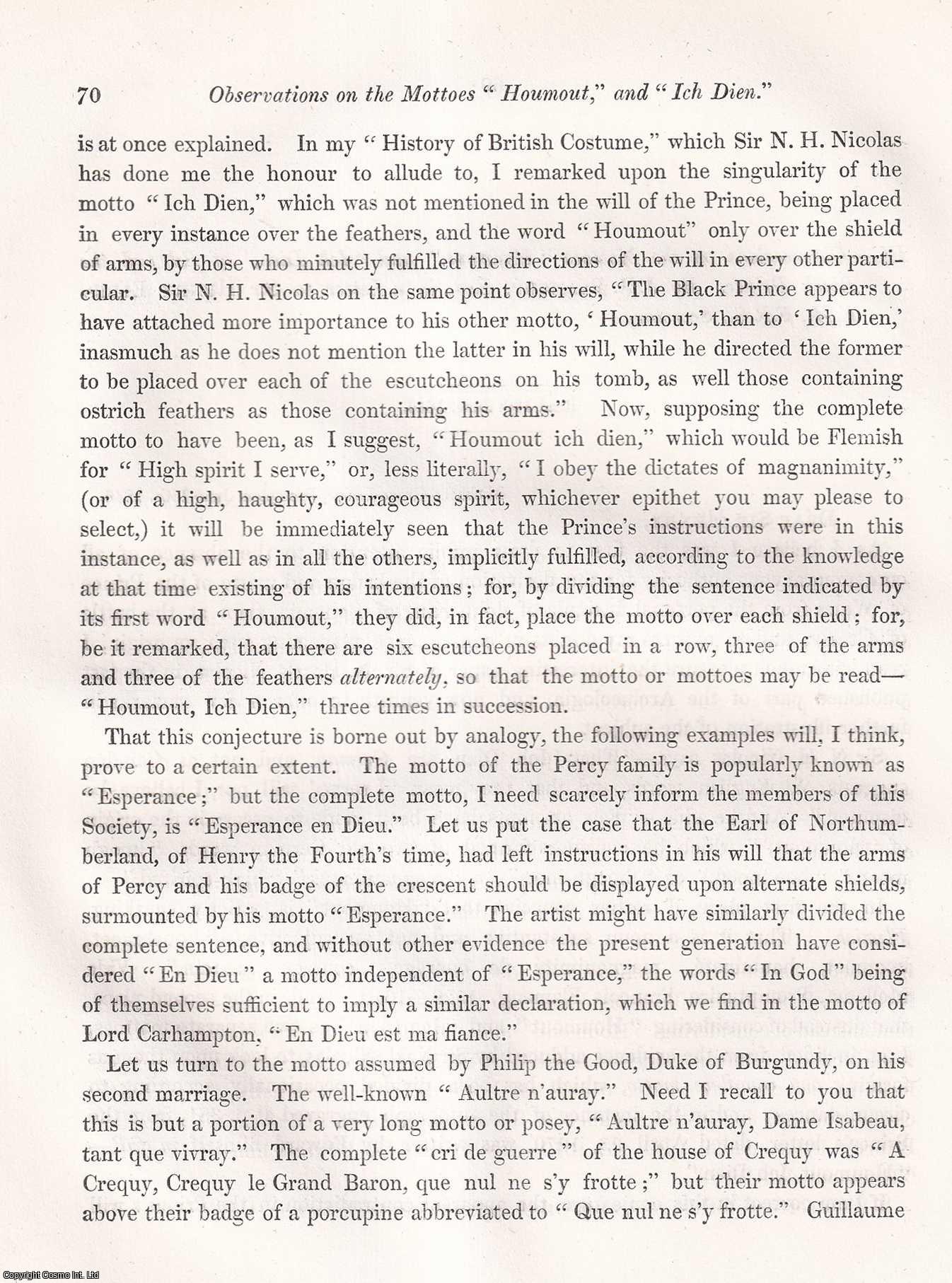 J.R. Planche, Esq. - Observations on the Mottoes Houmout, and Ich Dien, of Edward the Black Prince. An uncommon original article from the journal Archaeologia, 1847.