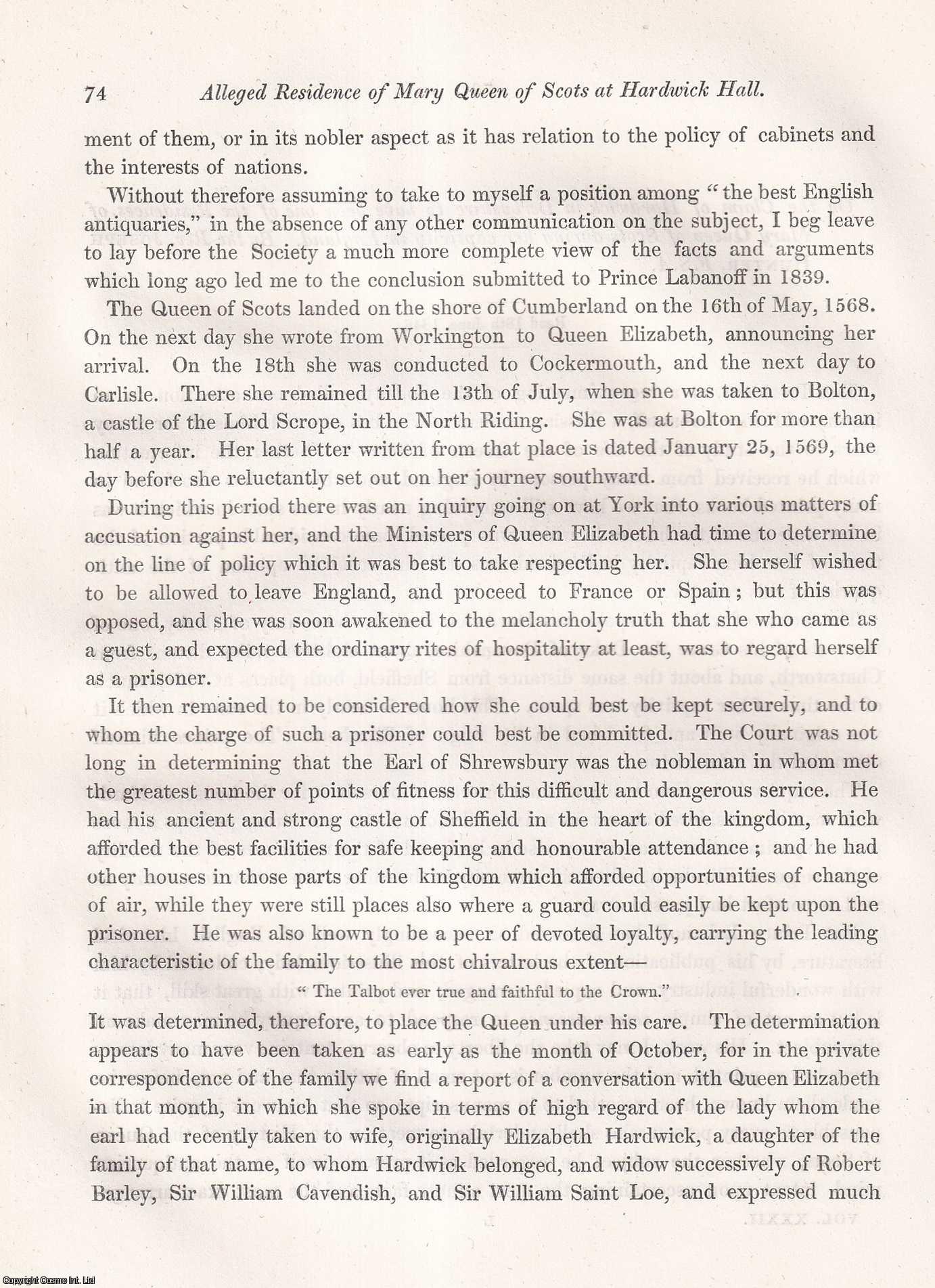 REV. JOSEPH HUNTER, F.S.A. - On the Claim of Hardwick in Derbyshire to have been one of the Residences of Mary Queen of Scots during her captivity in England. A rare original article from the journal Archaeologia, 1847.