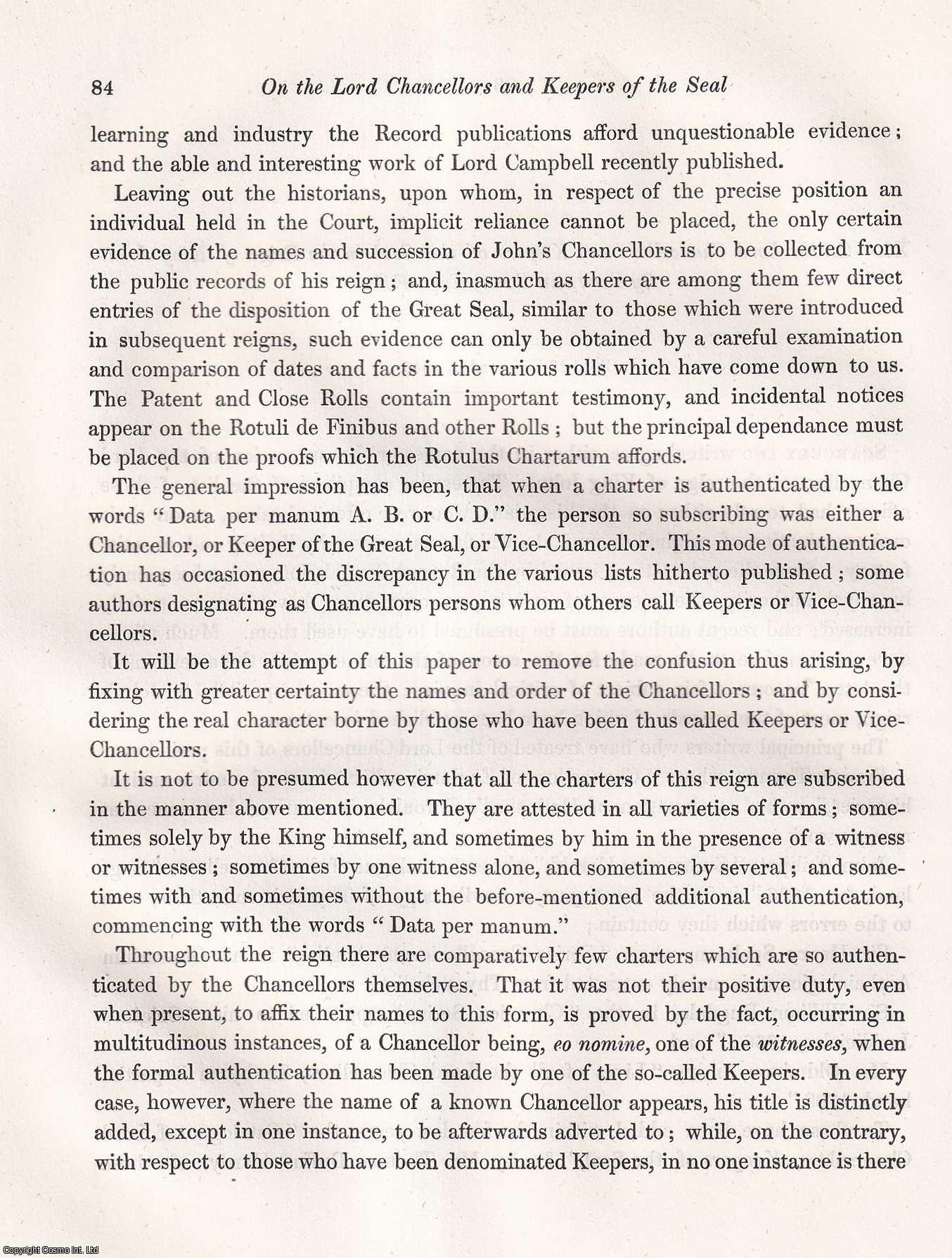 Edward Foss, Esq., F.S.A. - On the Lord Chancellors and Keepers of the Seal in the Reign of King John. An uncommon original article from the journal Archaeologia, 1847.