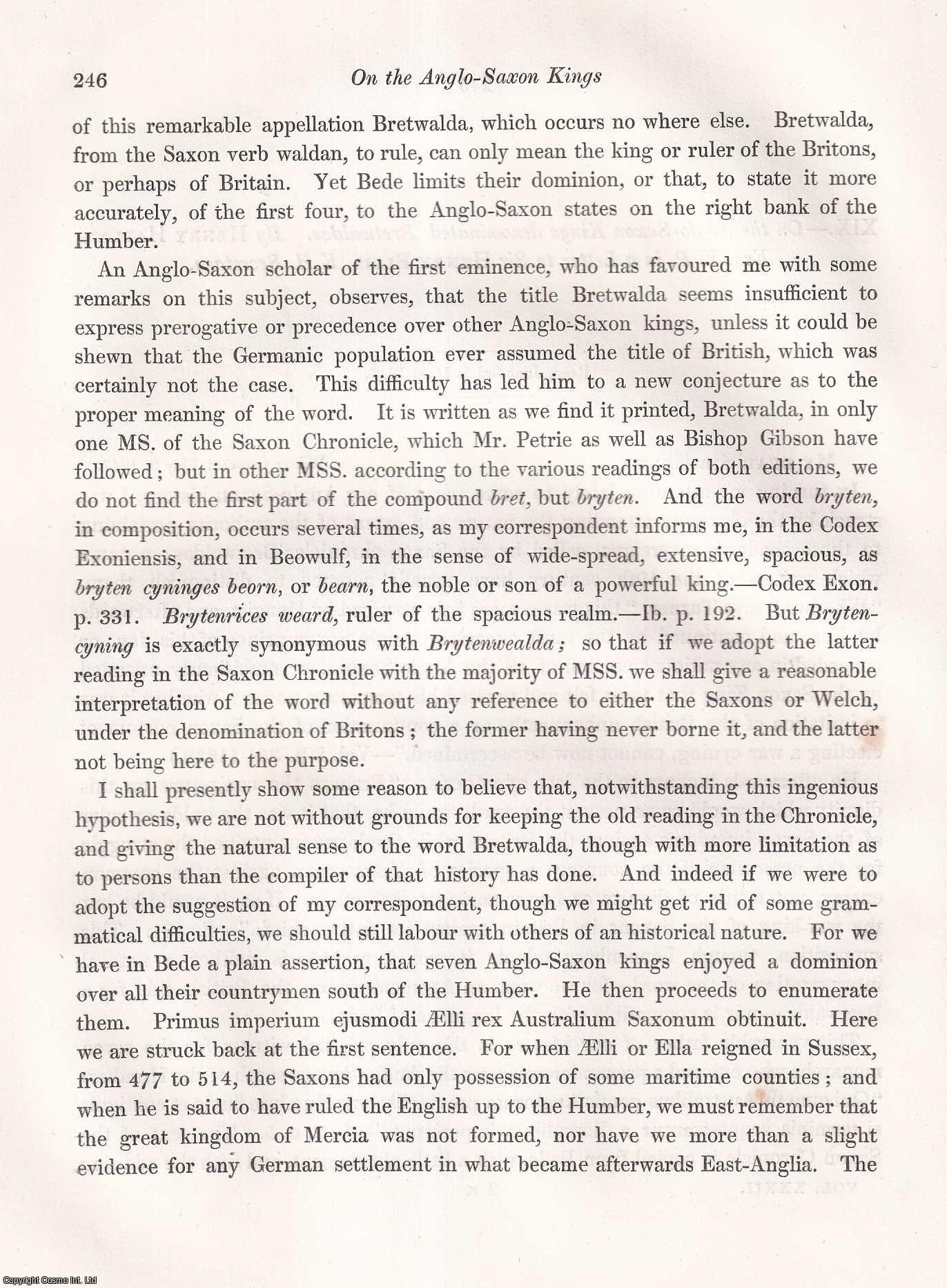 Henry Hallam, Esq., V.P. - On the Anglo-Saxon Kings denominated Bretwaldas. An uncommon original article from the journal Archaeologia, 1847.