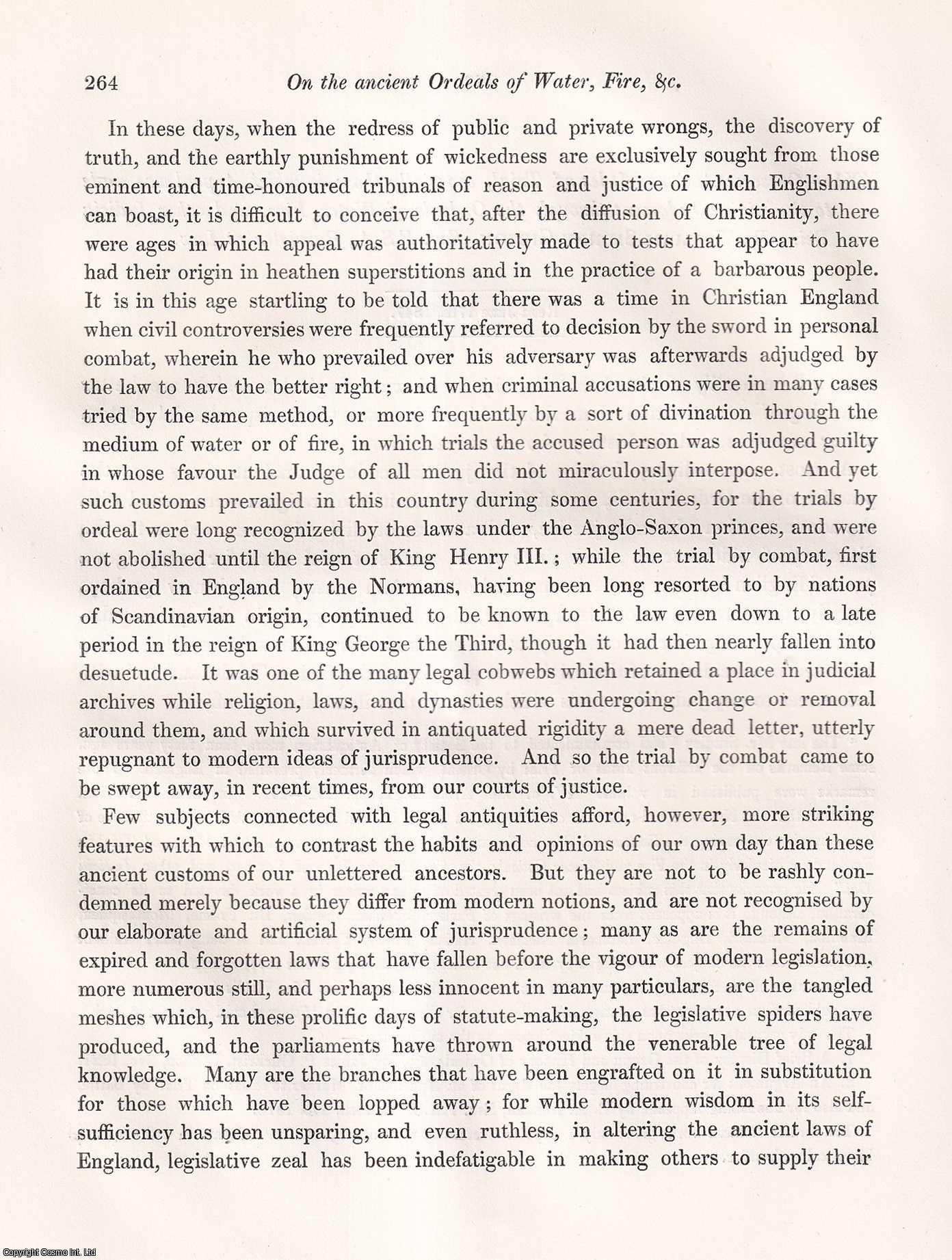WILLIAM SIDNEY GIBSON, ESQ., F.S.A. - On some Ancient Modes of Trial, especially those in which Appeal was made to the Divine Judgement through the Ordeals of Water, Fire, and other Judicia Dei. A rare original article from the journal Archaeologia, 1847.