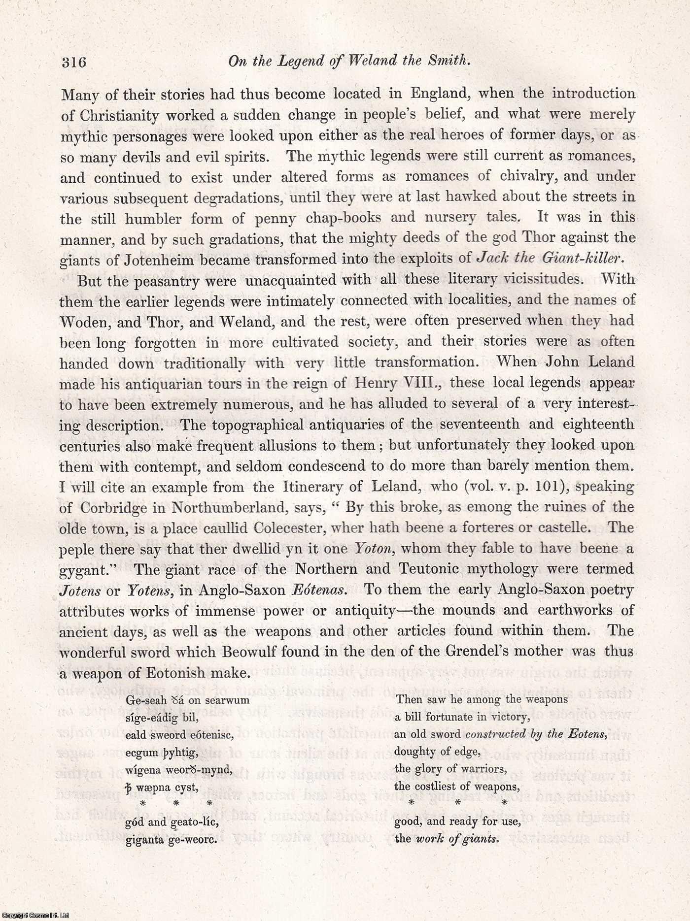 THOMAS WRIGHT, ESQ., F.S.A. - On the Legend of Weland the Smith. A rare original article from the journal Archaeologia, 1847.