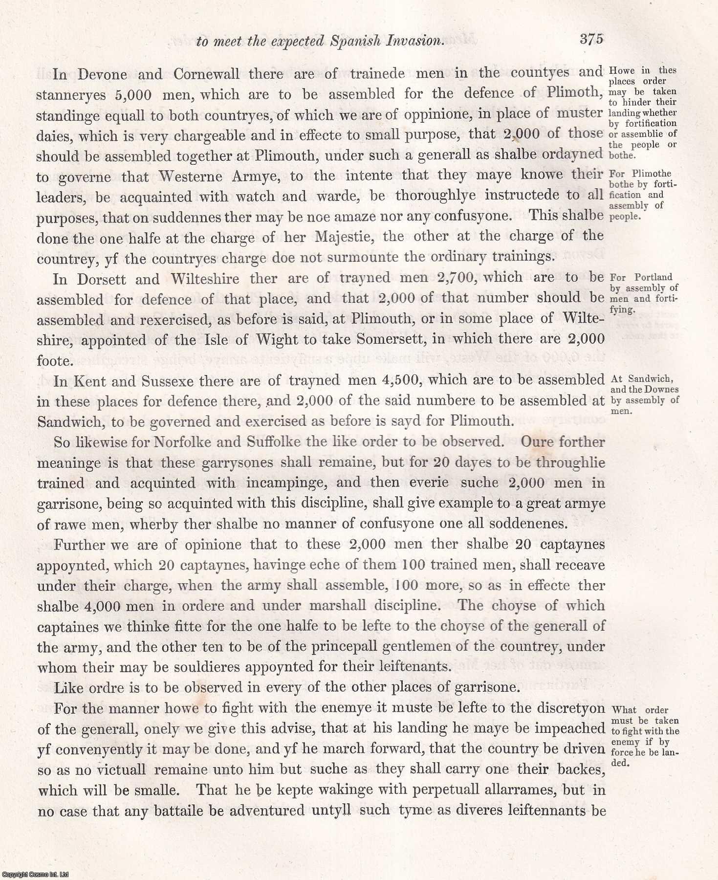 ---. - A short Memoir on the Means considered fit for putting the Forces of England in Order at the time of the Invasion from the Spaniards was expected in 1587. A rare original article from the journal Archaeologia, 1847.