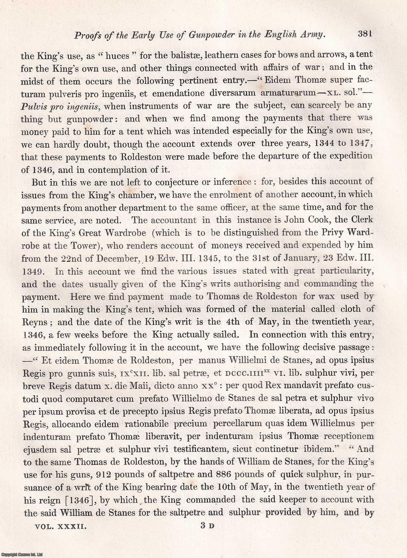 JOSEPH HUNTER, F.S.A. - Proofs of the Early Use of Gunpowder in the English Army. A rare original article from the journal Archaeologia, 1847.