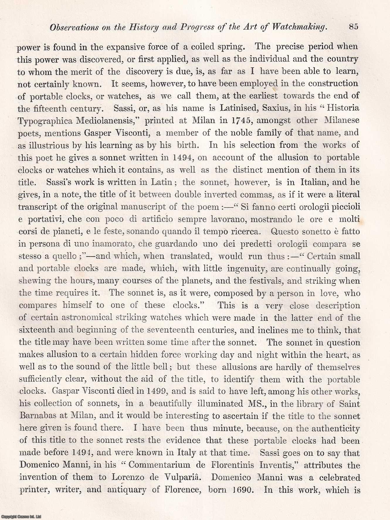 OCTAVIUS MORGAN, ESQ., M.P., F.S.A. - Observations on the History and Progress of the Art of Watchmaking. A rare original article from the journal Archaeologia, 1849.