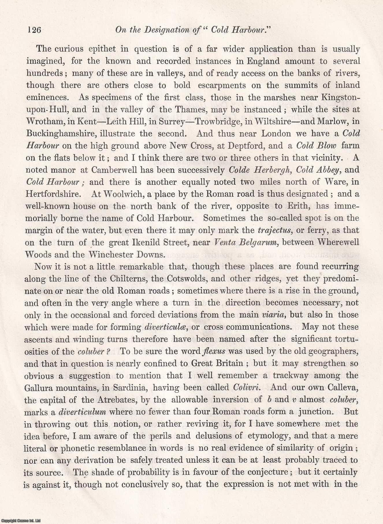 Capt. W.H. Smyth, R.N., F.R.S. - On the Designation of Cold Harbour. An uncommon original article from the journal Archaeologia, 1849.