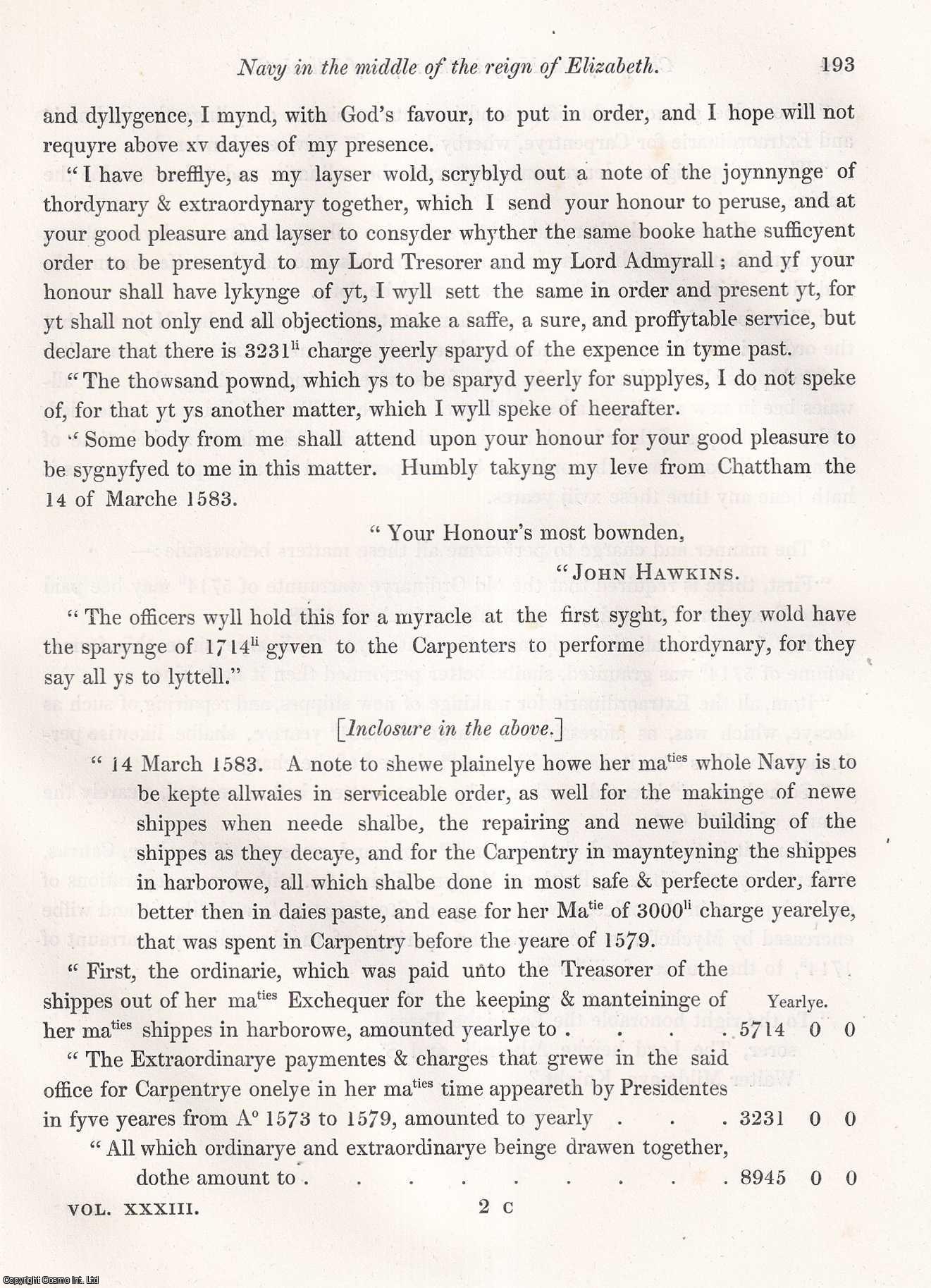 John Payne Collier, Esq. - On the Charge of the ordinary and extraordinary Service of the English Navy in the middle of the reign of Queen Elizabeth; with a Letter and Report from Sir John Hawkins to Sir Walter Mildmay. An uncommon original article from the journal Archaeologia, 1849.