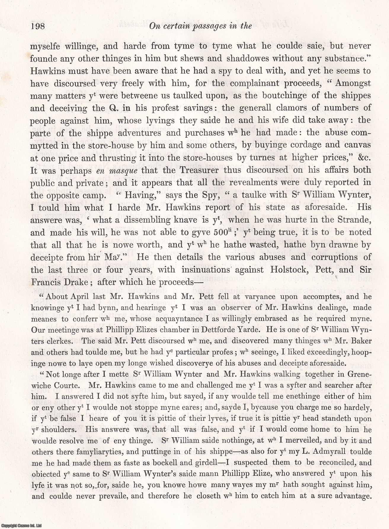 Captain W.H. Smyth, R.N., K.S.F., D.C.L. - On certain Passages in the Life of Sir John Hawkins, temp. Elizabeth. An uncommon original article from the journal Archaeologia, 1849.