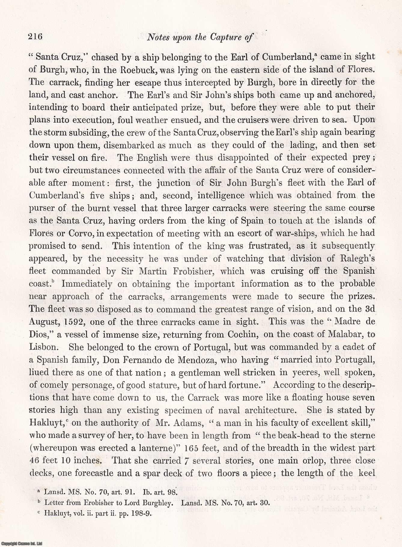WILLIAM RICHARD DRAKE, ESQ., F.S.A. - Notes upon the Capture of The Great Carrack,in 1592. A rare original article from the journal Archaeologia, 1849.