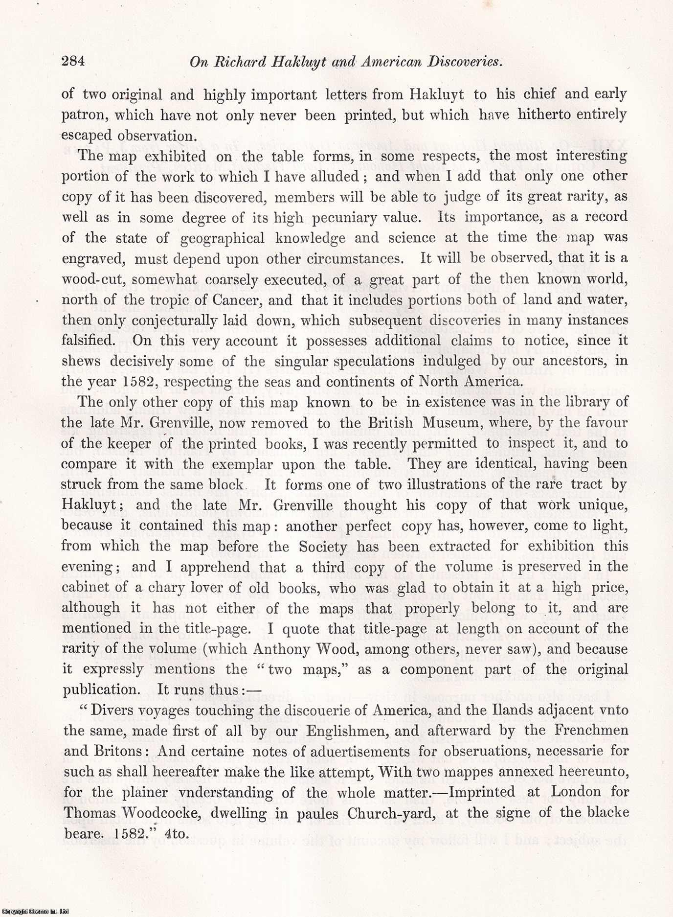 J. Payne Collier - On Richard Hakluyt and American Discoveries. An uncommon original article from the journal Archaeologia, 1849.