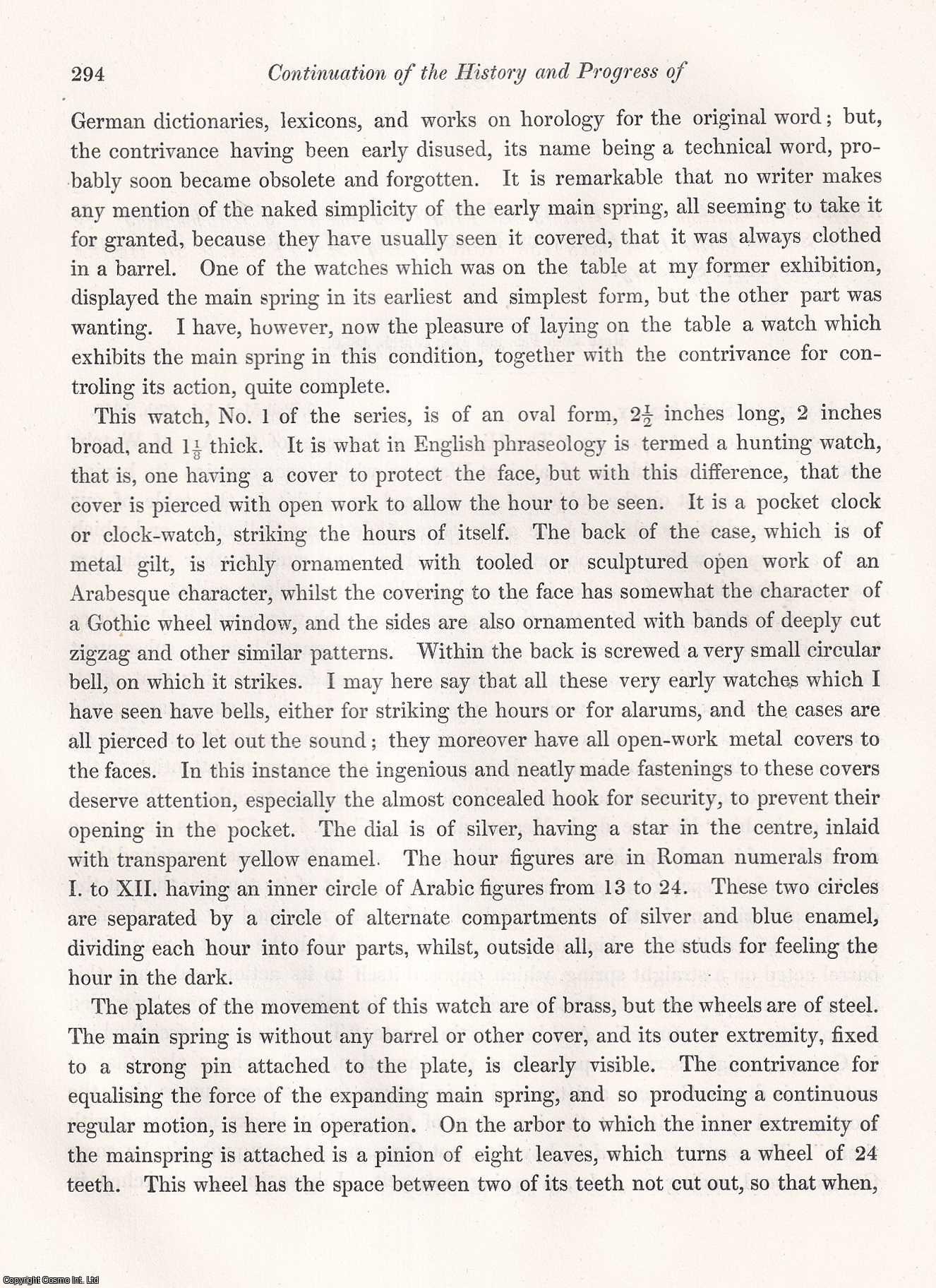 Octavius Morgan, Esq., M.P., F.S.A. - Continuation of the History and Progress of the Art of Watchmaking. An uncommon original article from the journal Archaeologia, 1849.