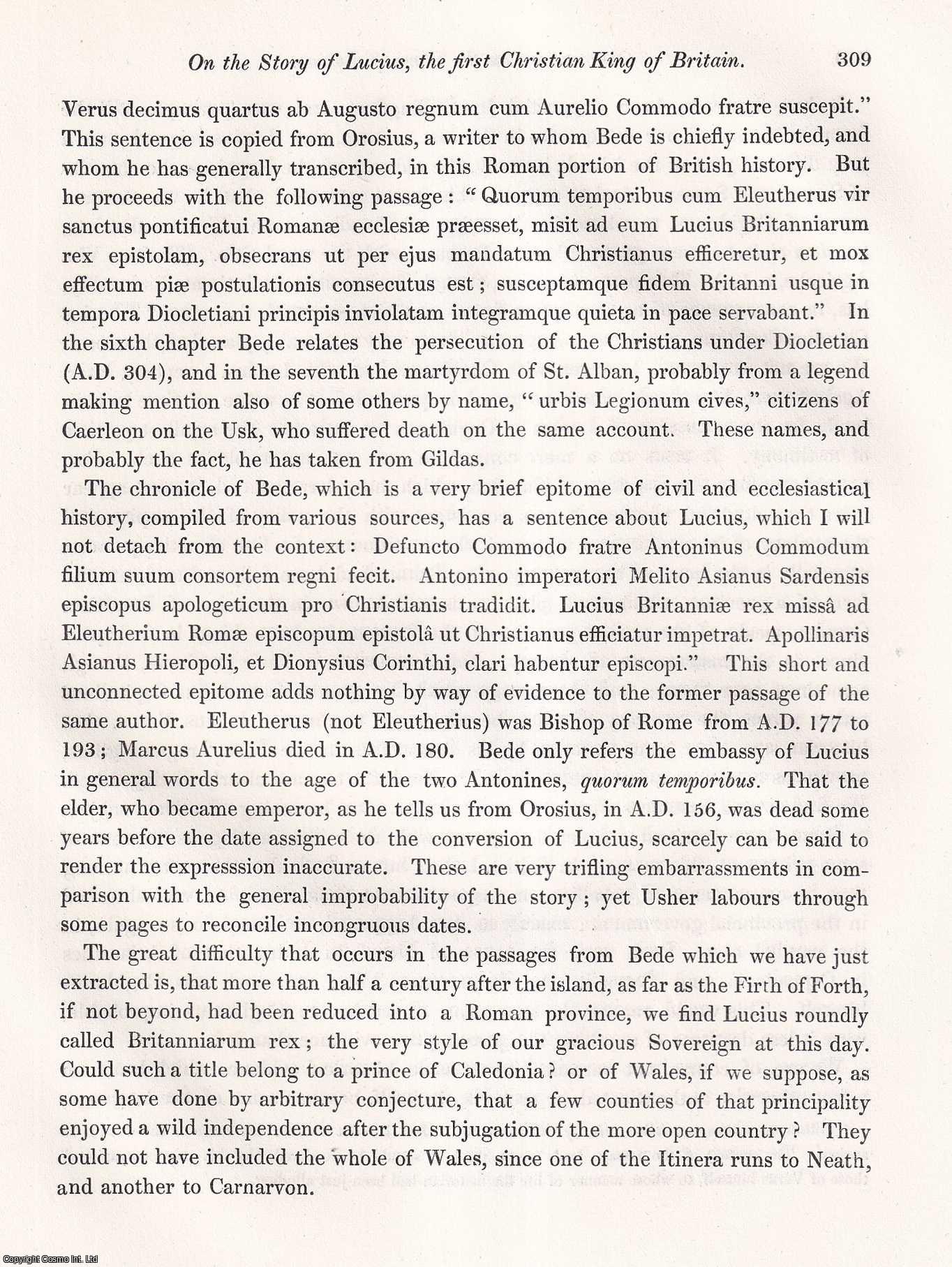 HENRY HALLAM, ESQ., V.P. - Observations on the Story of Lucius, The first Christian King of Britain. A rare original article from the journal Archaeologia, 1849.