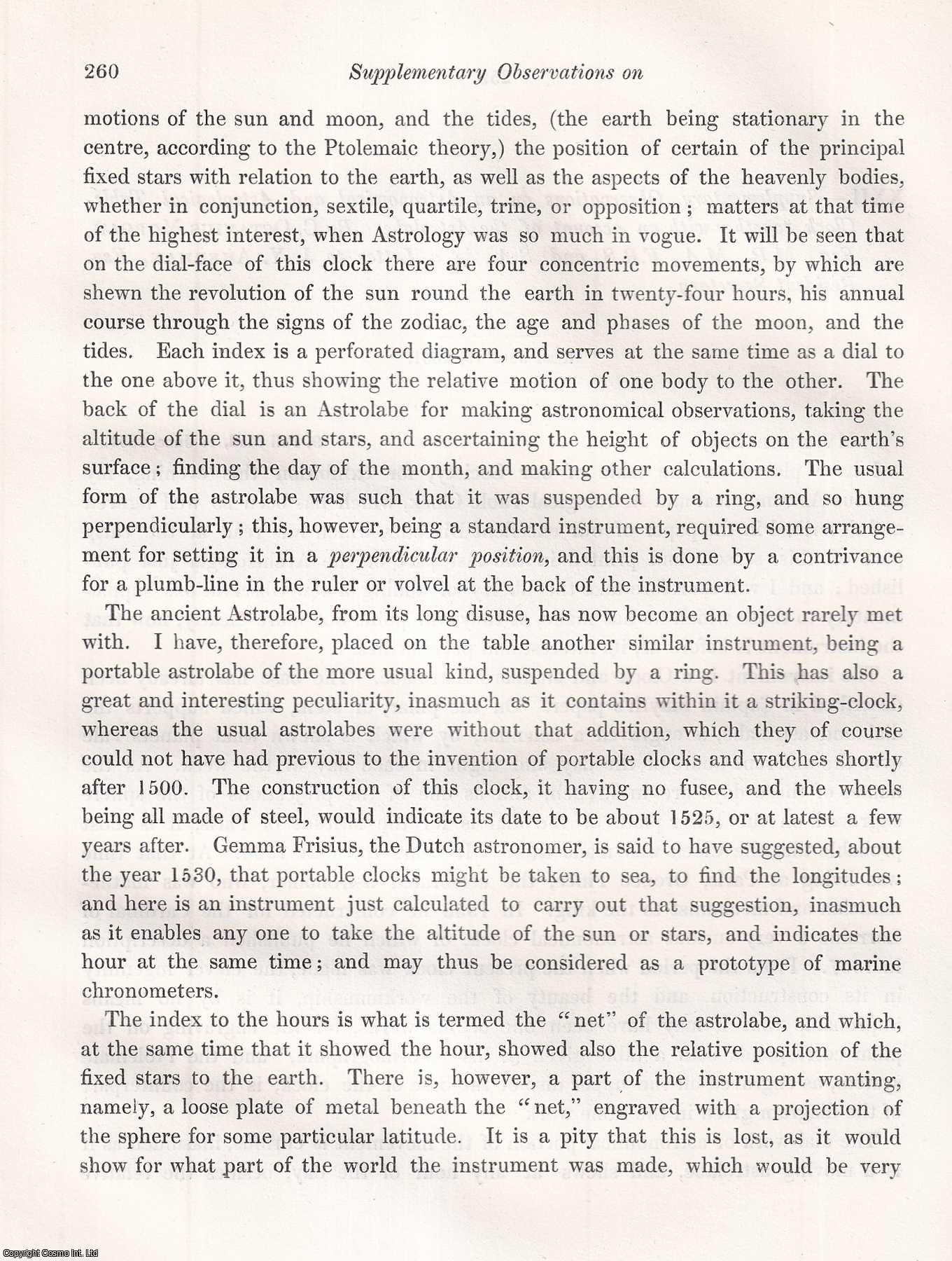 C. Octavius Morgan, Esq., M.P., M.A., F.R.S., and S.A. - Supplementary Observations on an Astronomical and Astrological Table-Clock, together with an account of the Astrolabe. An uncommon original article from the journal Archaeologia, 1852.